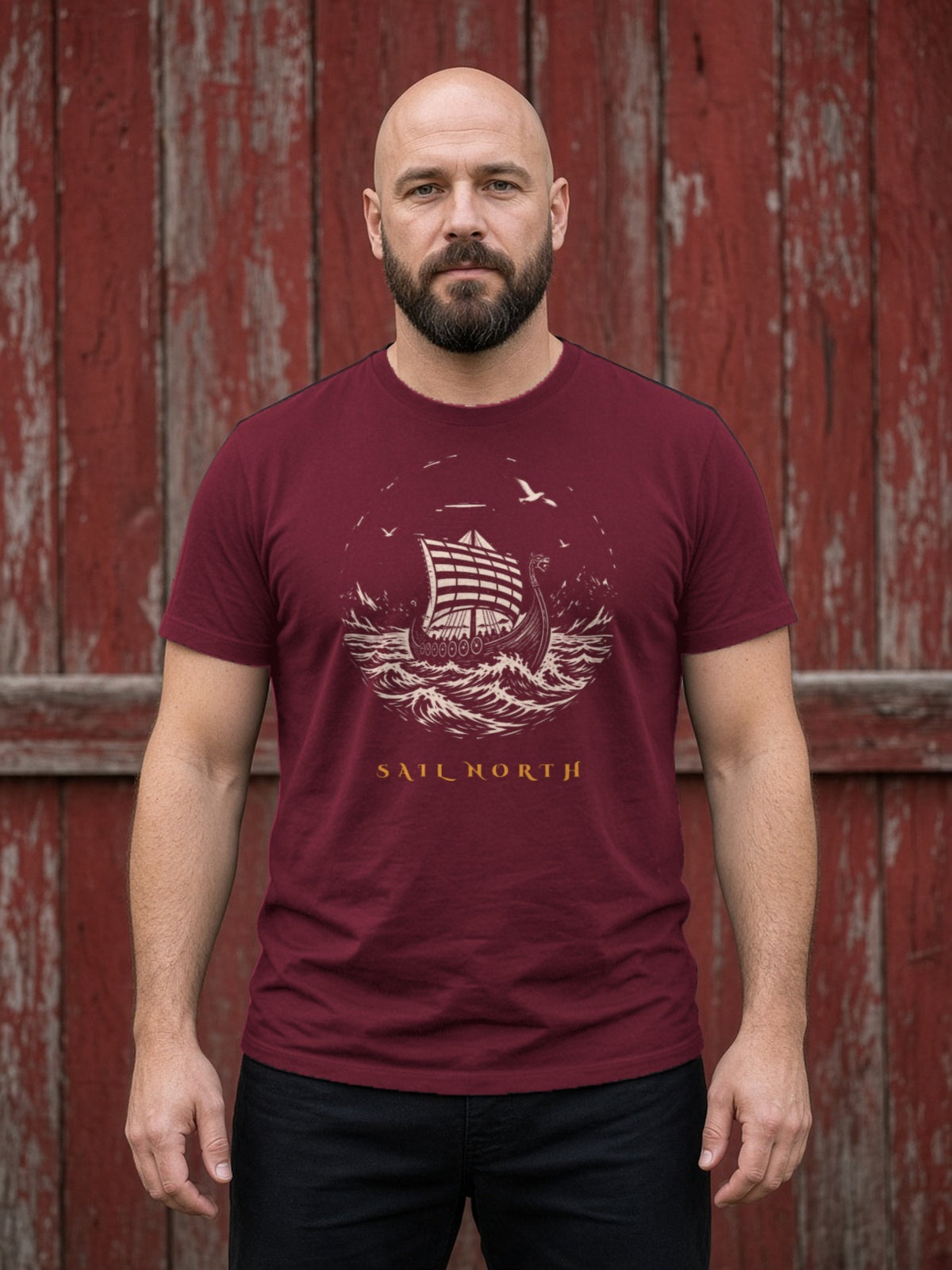 Sail North Longship Woodcut Tee - Maroon