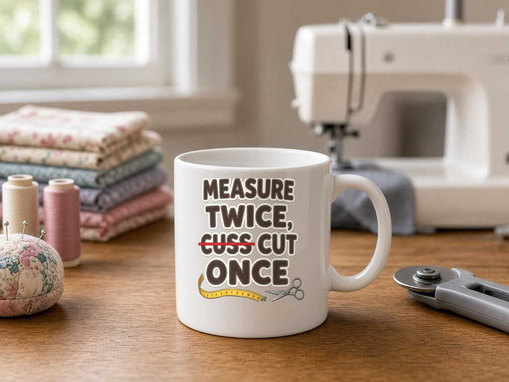 Measure Twice Cuss Cut Once Mug, Funny Sewing Quilting Coffee Mug, Quilter Humor Gift 11oz 15oz