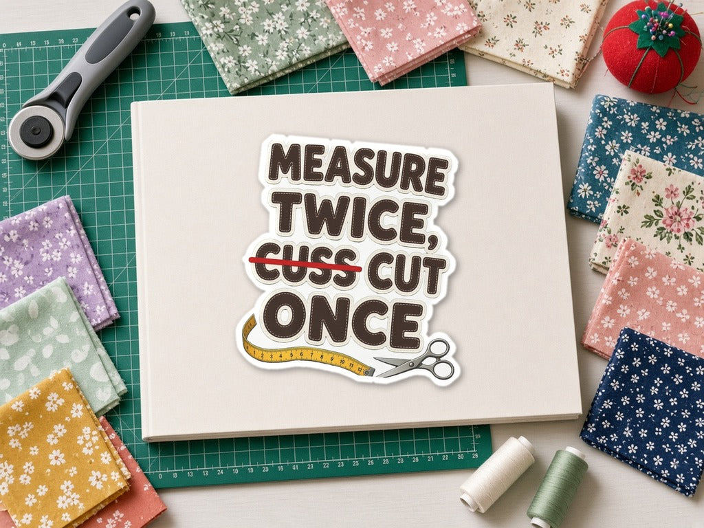 Measure Twice Cuss Cut Once Sticker, Funny Sewing Quilting Sticker, Quilter Humor Gift