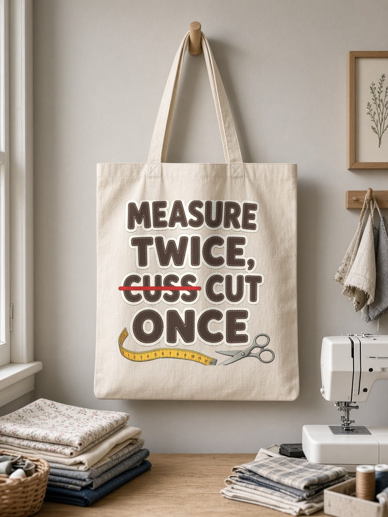 Measure Twice Cuss Cut Once Tote Bag, Funny Sewing Quilting Tote, Quilter Humor Craft Tote Bag, Seamstress Gift