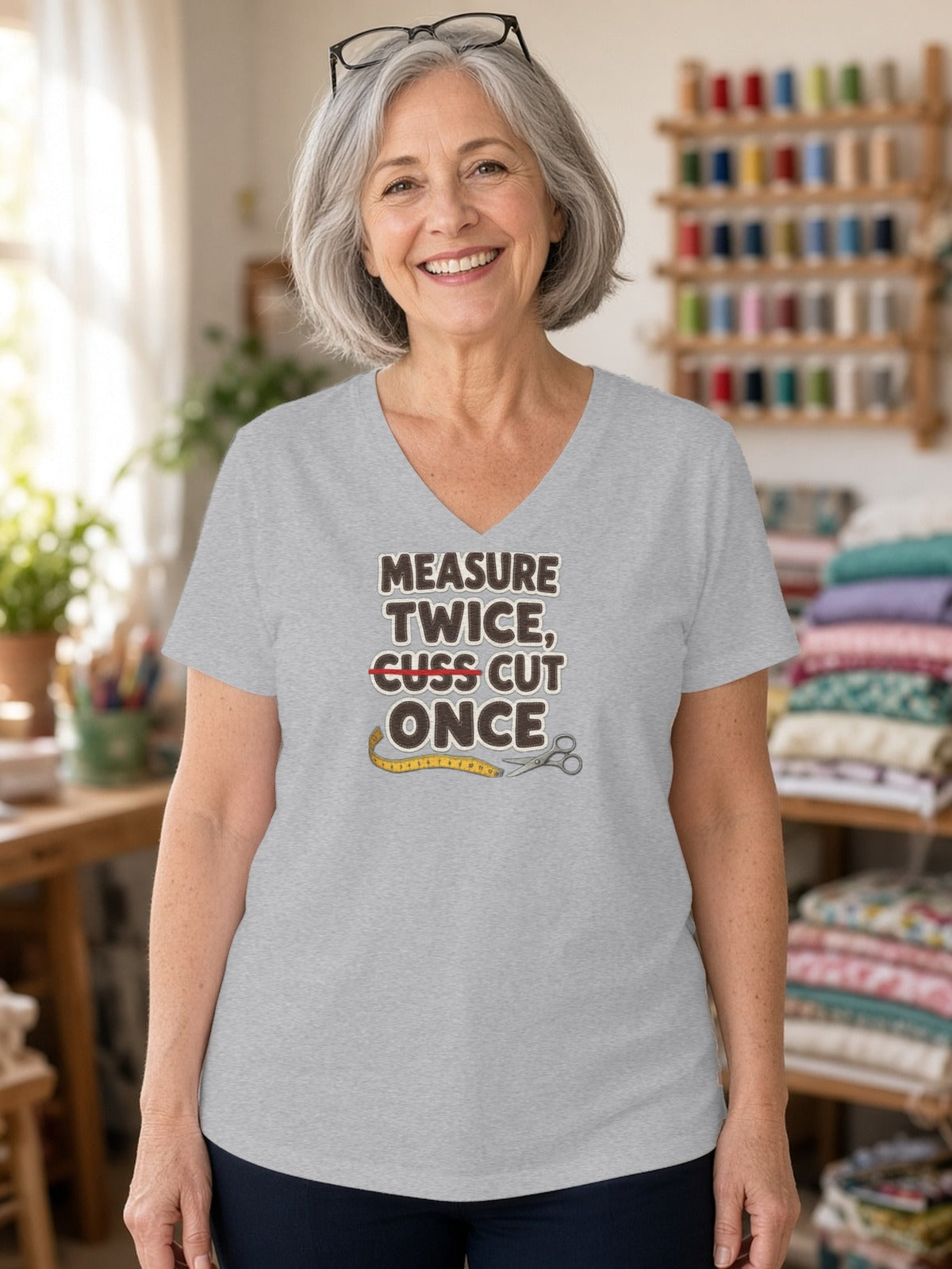 Measure Twice Cuss Cut Once V-Neck Shirt, Funny Sewing Quilting Tee, Quilter Humor Seamstress Gift, Crafter V-Neck - Athletic Heather