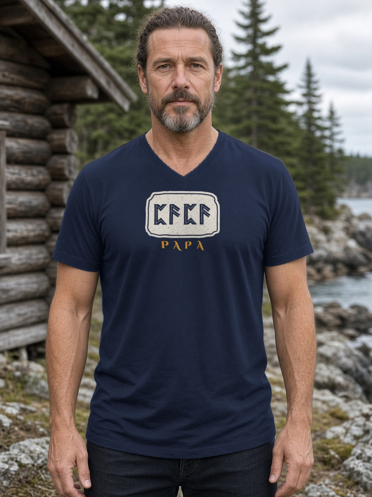 PAPA in Runes Carved Stone V-Neck Tee - Navy