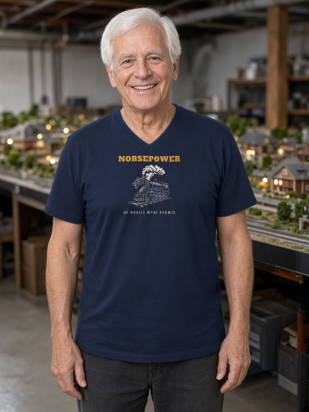 NORSEPOWER Dragon Steam Locomotive V-Neck Tee - Navy