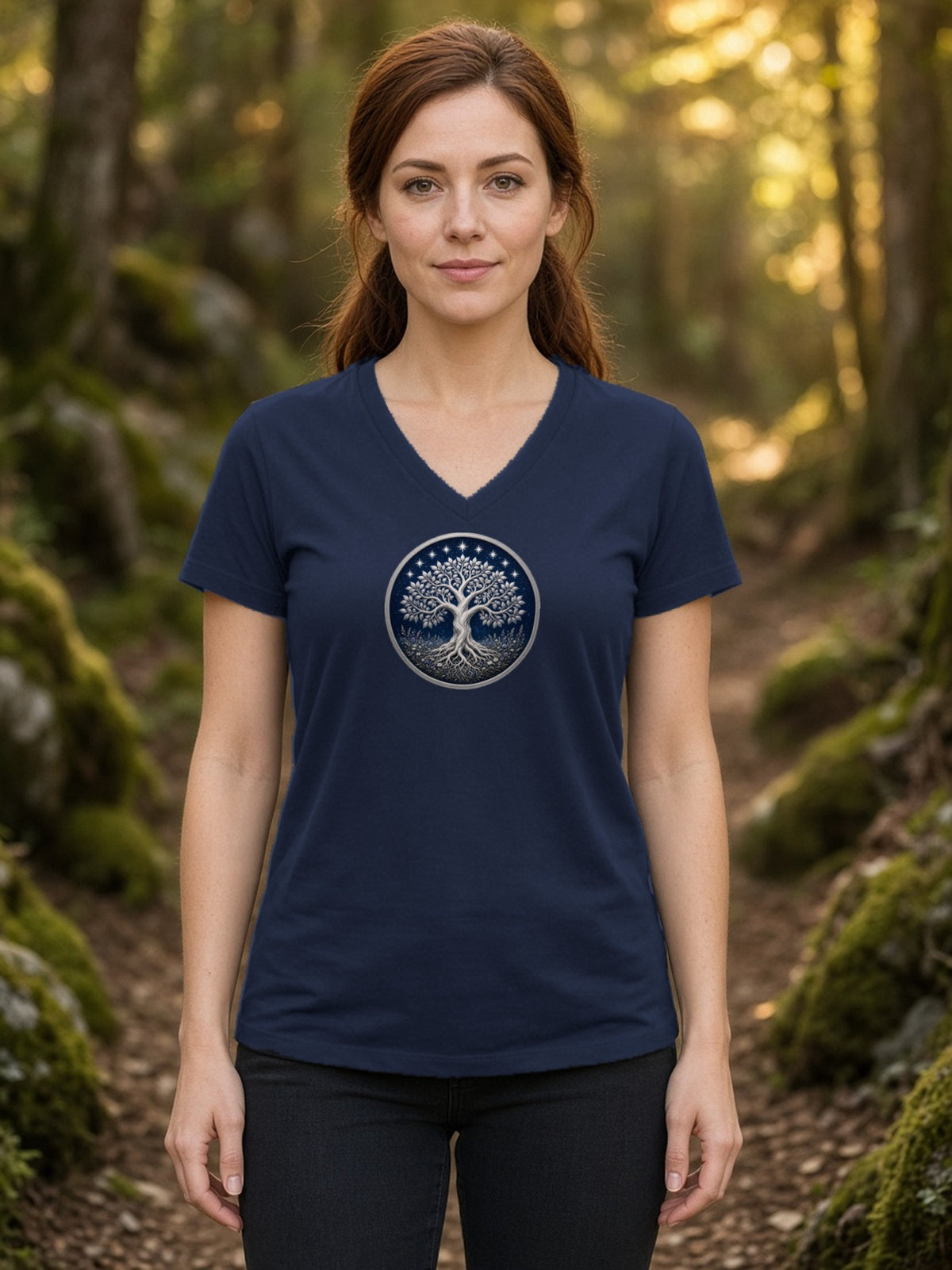 Silver Tree of Seven Stars V-Neck Tee - Navy