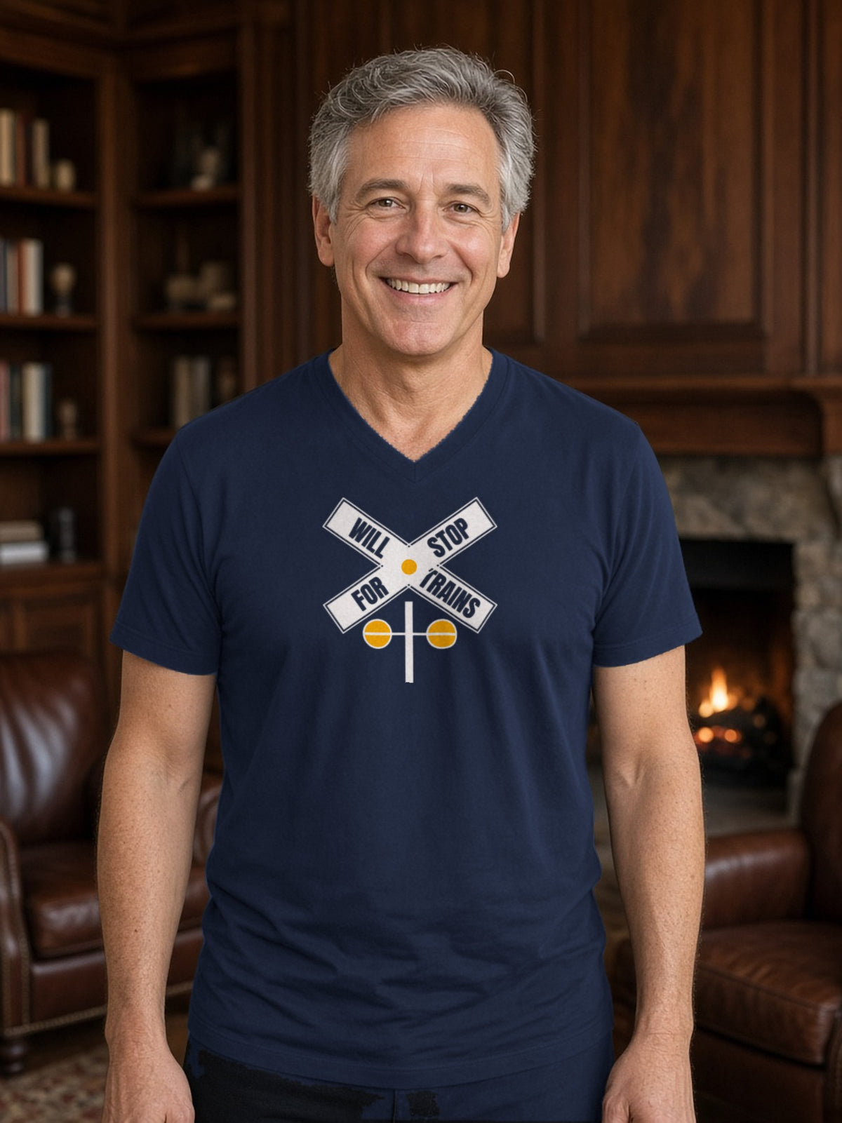 Will Stop For Trains V-Neck Tee - Navy
