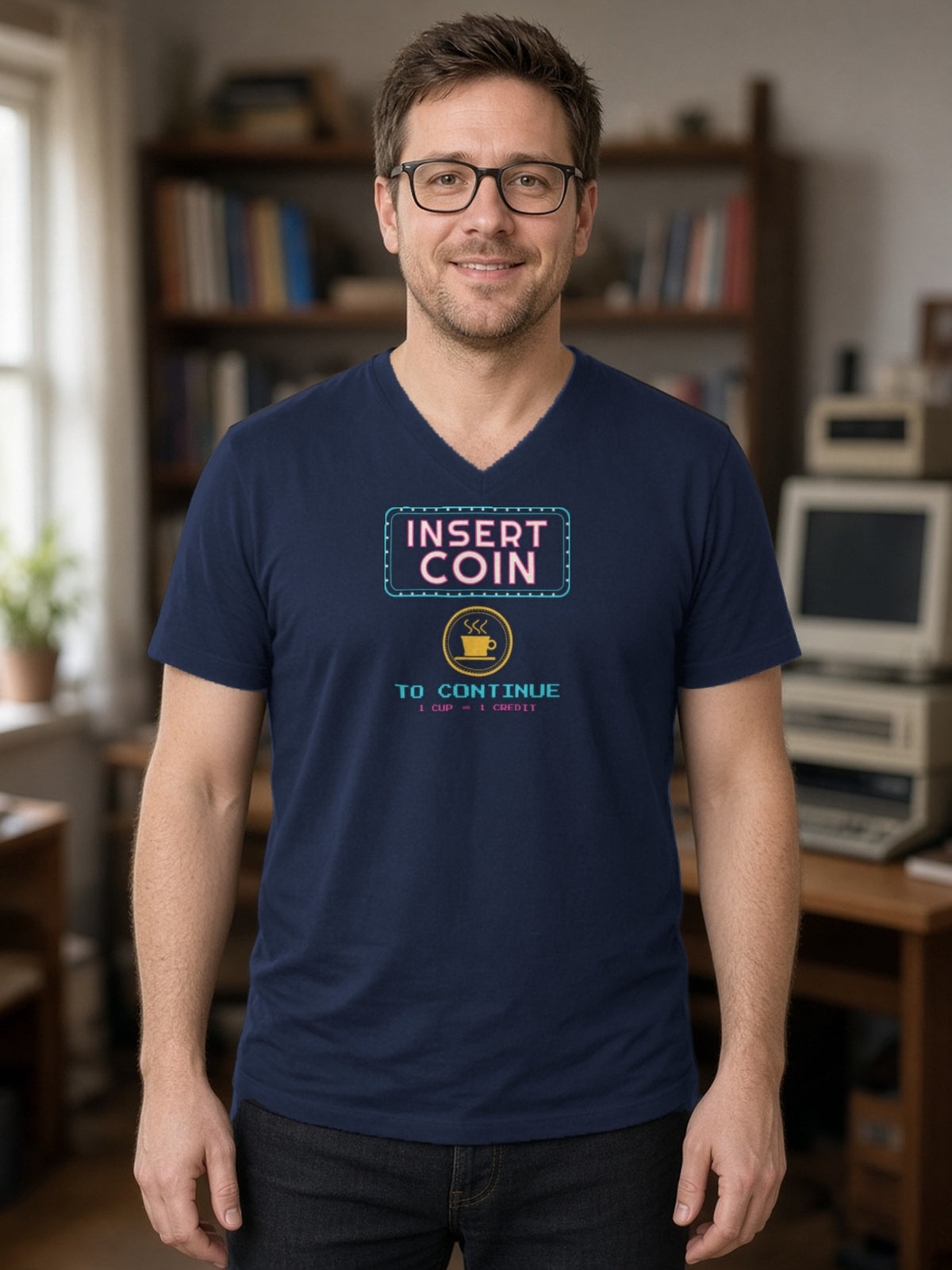 Insert Coin to Continue Coffee V-Neck Tee - Navy