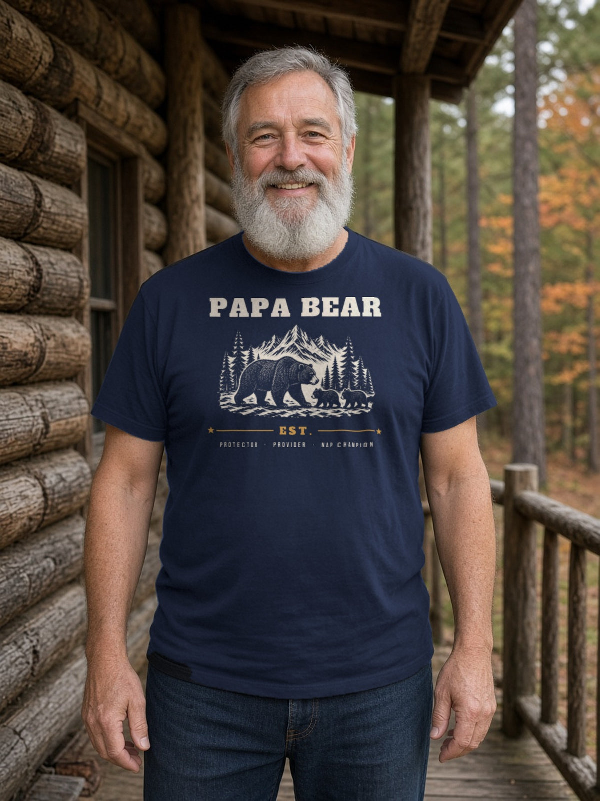 Papa Bear Woodcut Tee - Navy