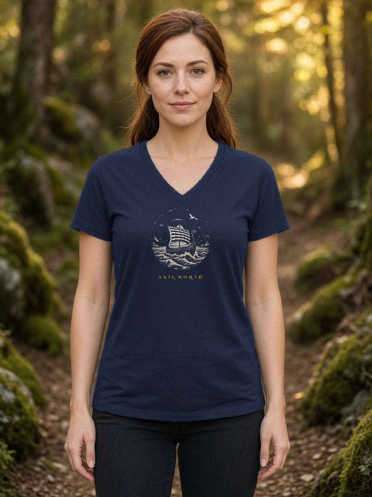 Sail North Longship Woodcut V-Neck Tee - Navy