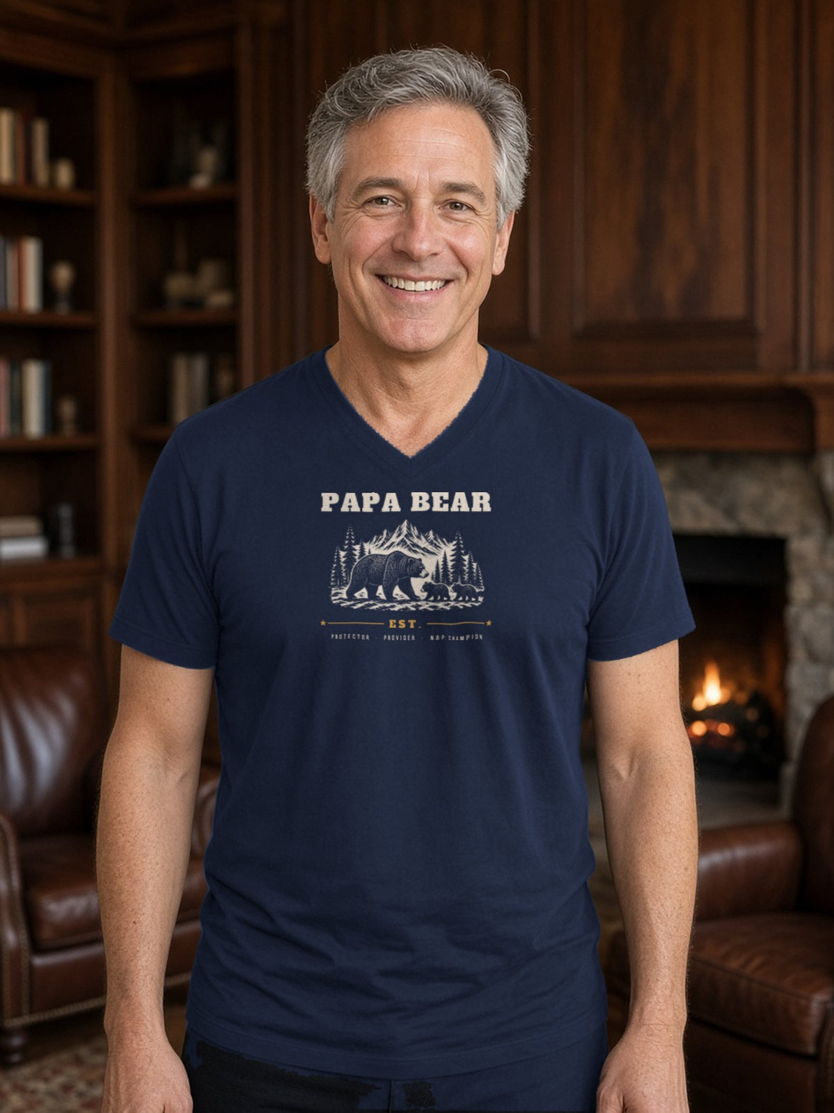Papa Bear Woodcut V-Neck Tee - Navy