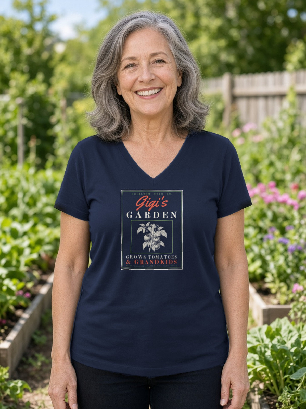 Gigi's Garden Seed Packet V-Neck Tee - Navy