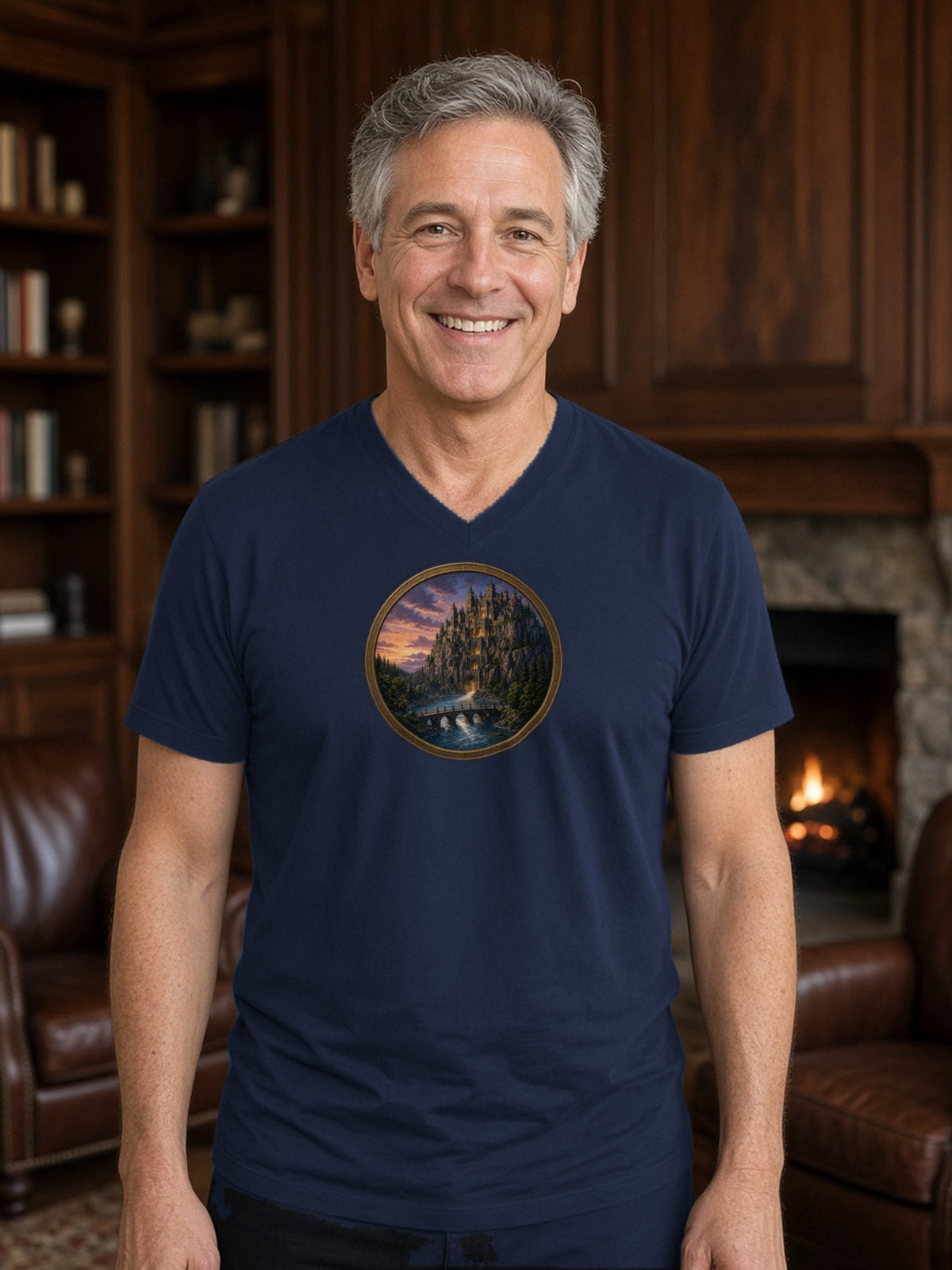 Fortress of the River Gate V-Neck Tee - Navy