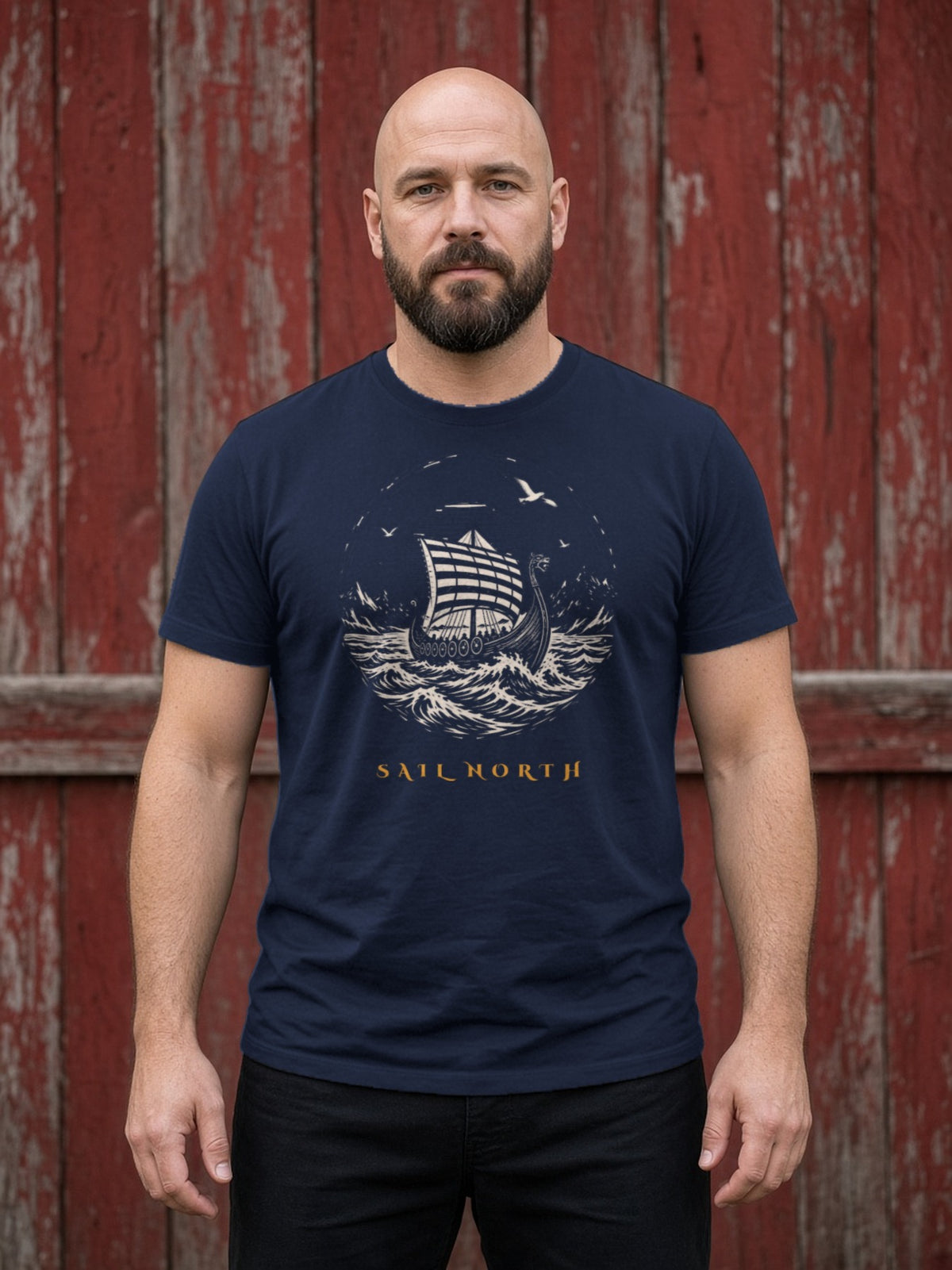 Sail North Longship Woodcut Tee - Navy