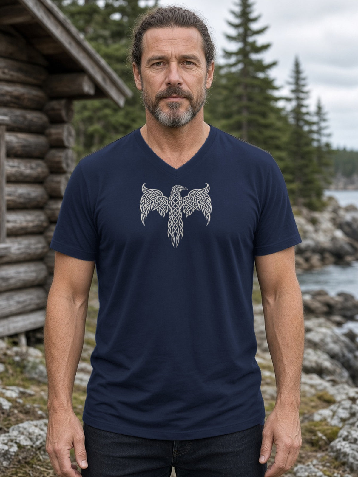 Knotwork Raven Norse Art V-Neck Tee - Navy
