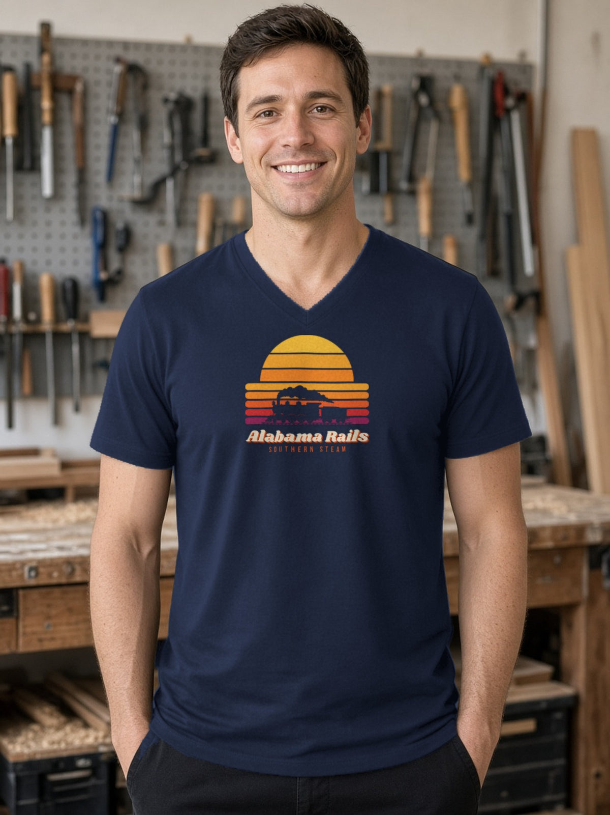 Southern Steam Sunset Alabama Rails V-Neck Tee - Navy