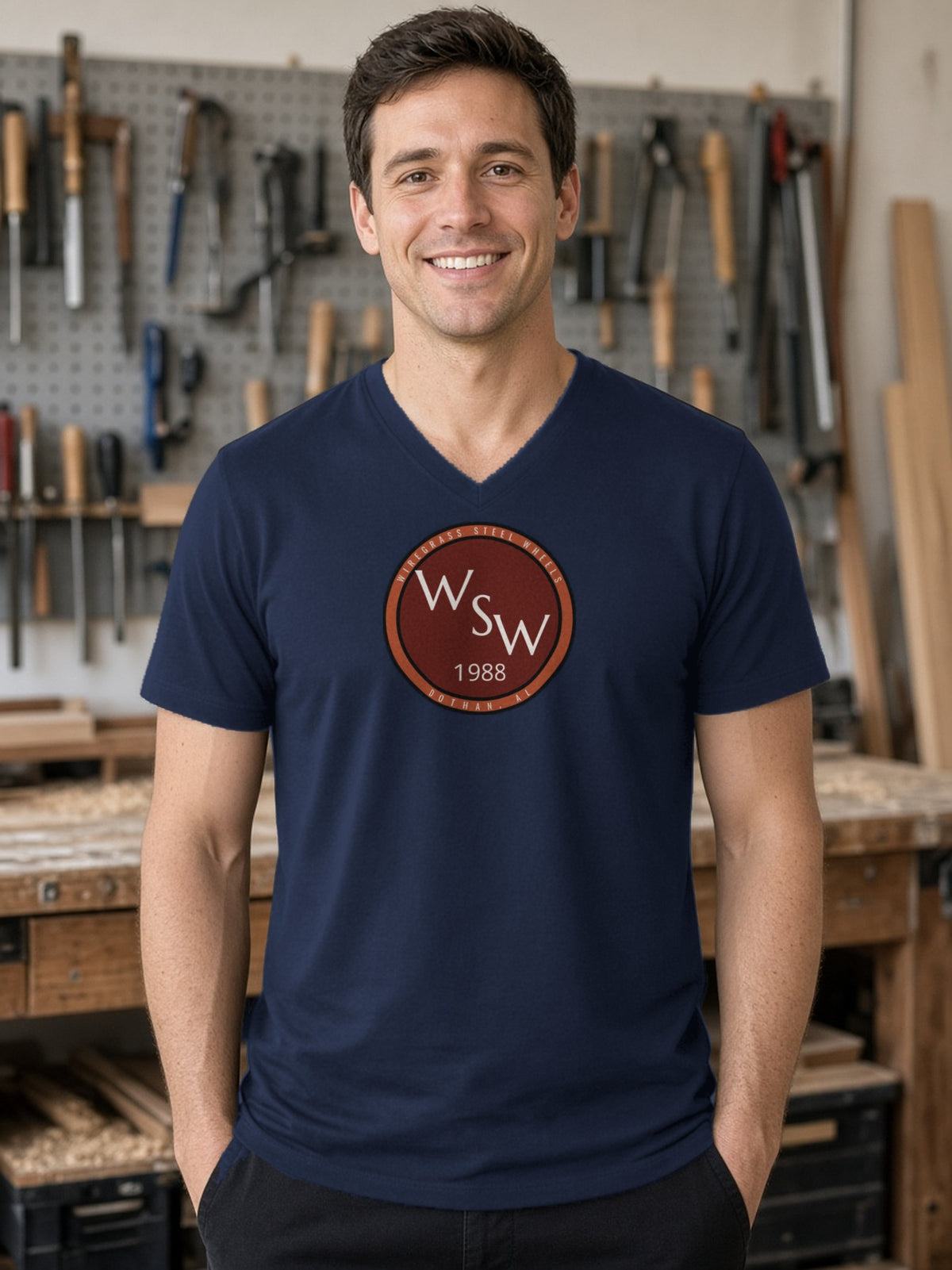 Wiregrass Steel Wheels V-Neck Tee - Navy