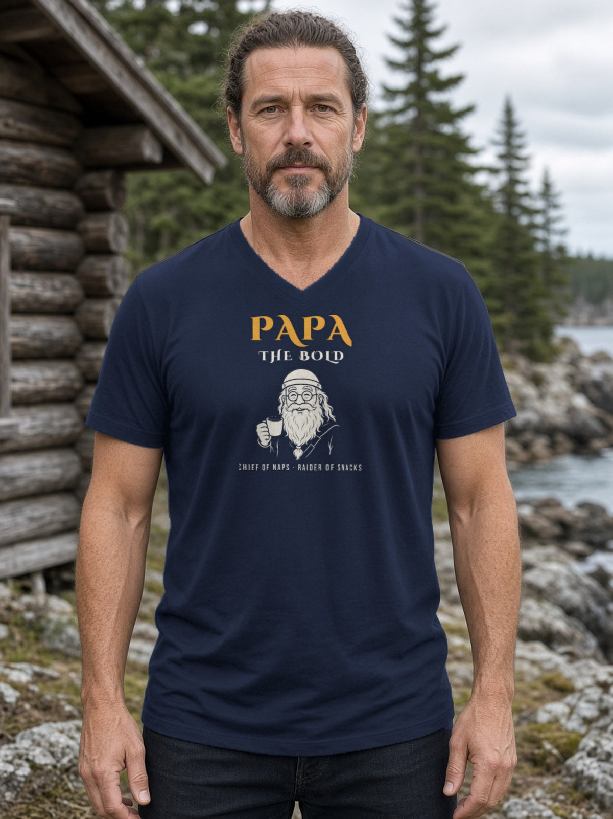 Papa the Bold Viking Grandpa V-Neck Tee - Navy