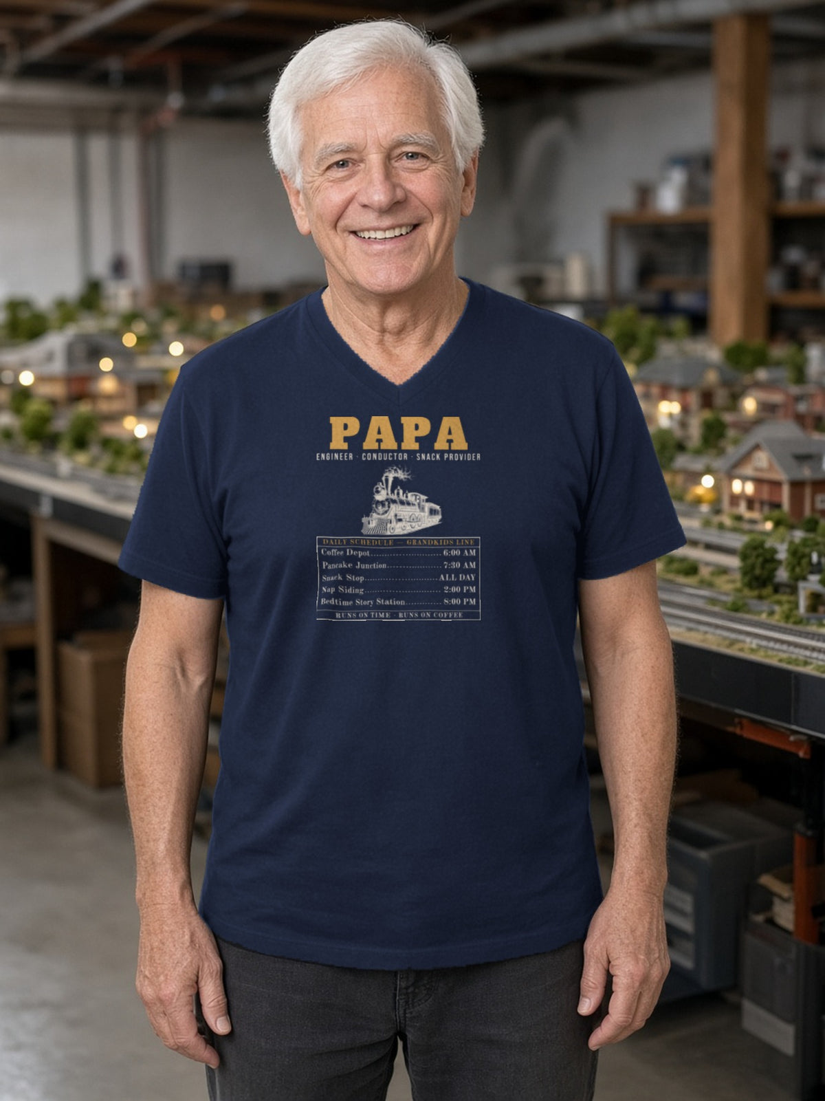 Papa: Engineer, Conductor, Snack Provider V-Neck Tee - Navy