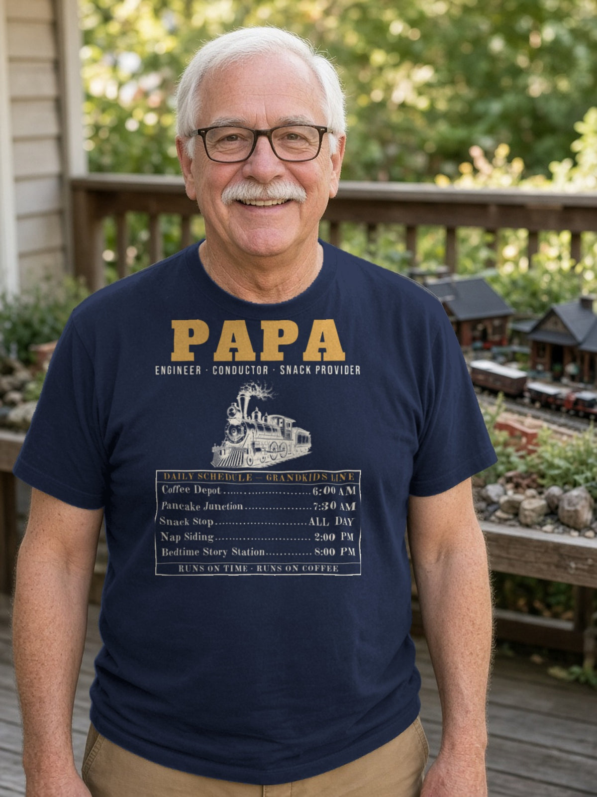 Papa: Engineer, Conductor, Snack Provider Tee - Navy