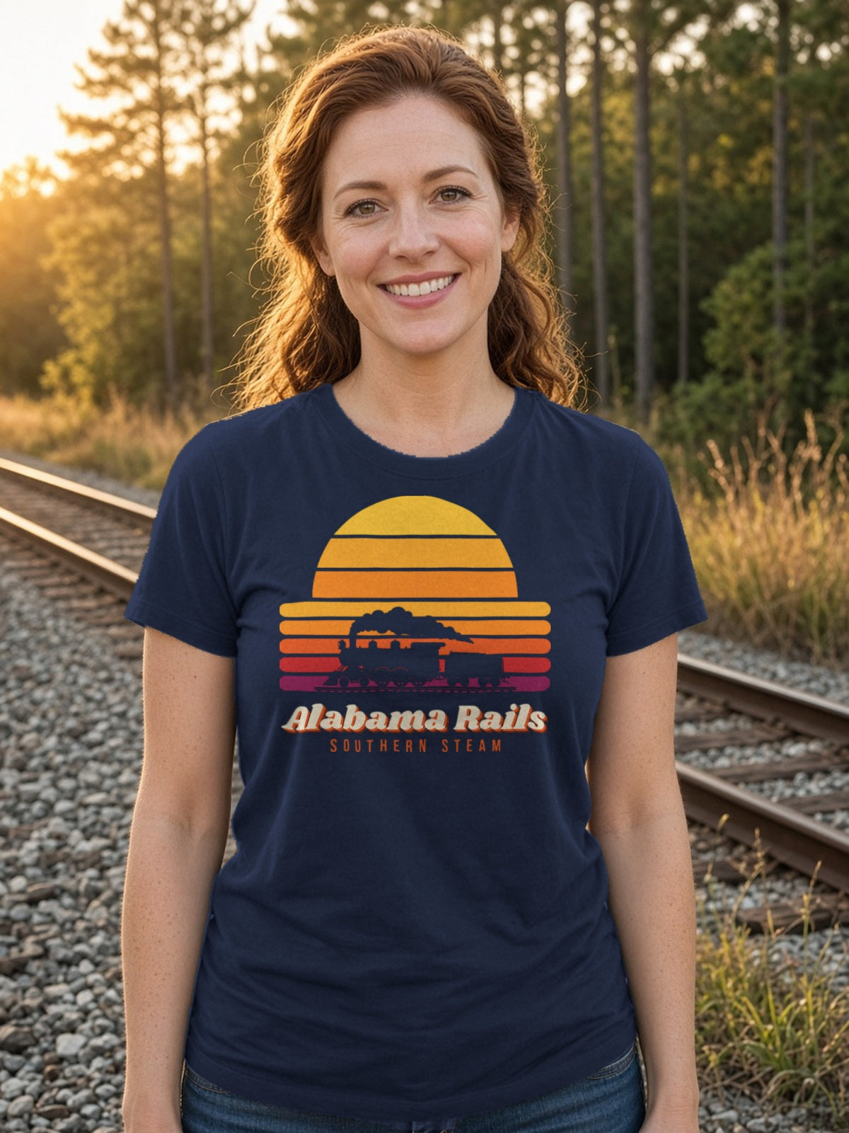 Southern Steam Sunset Alabama Rails Tee - Navy