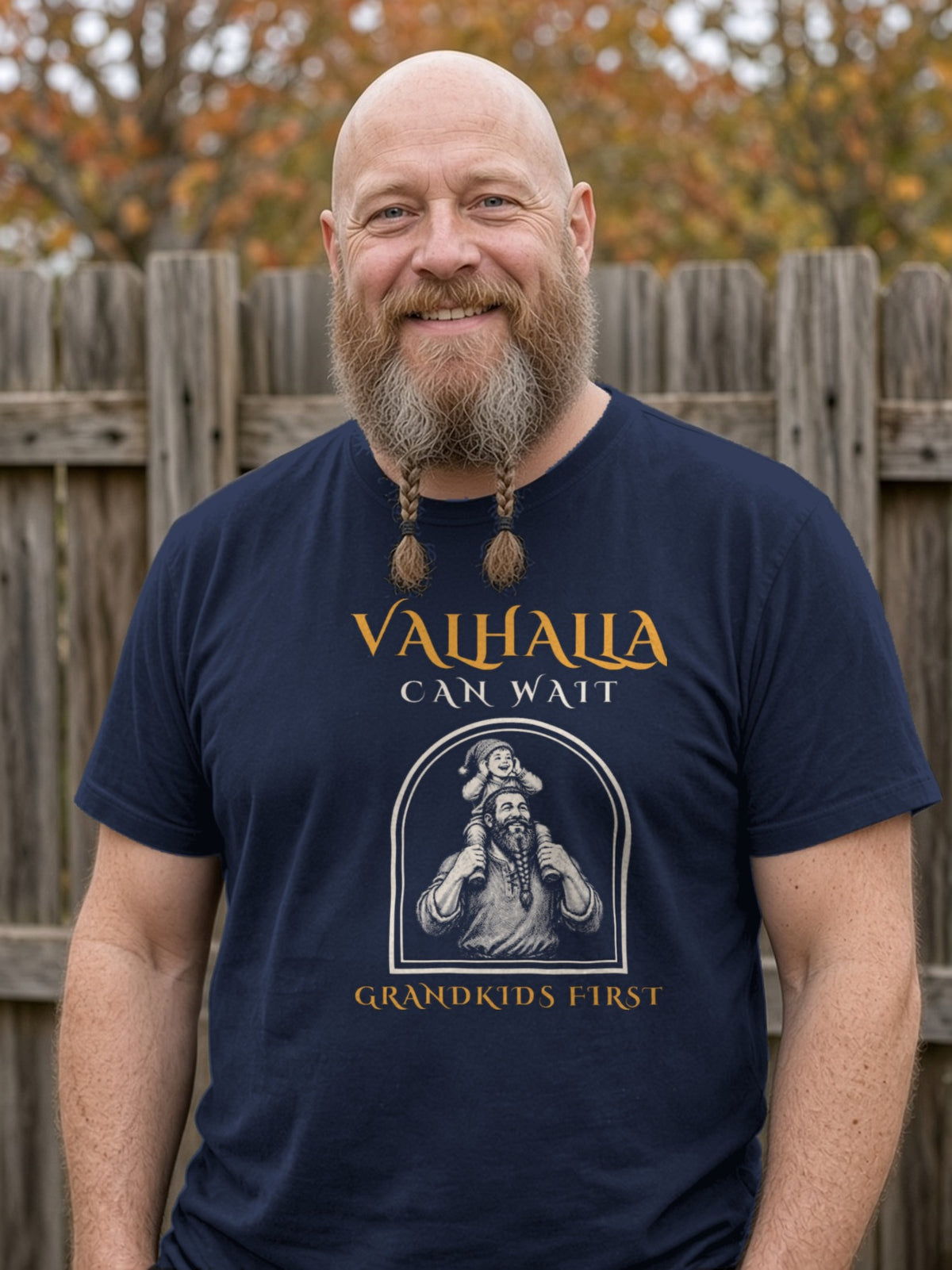 Valhalla Can Wait, Grandkids First Viking Tee - Navy