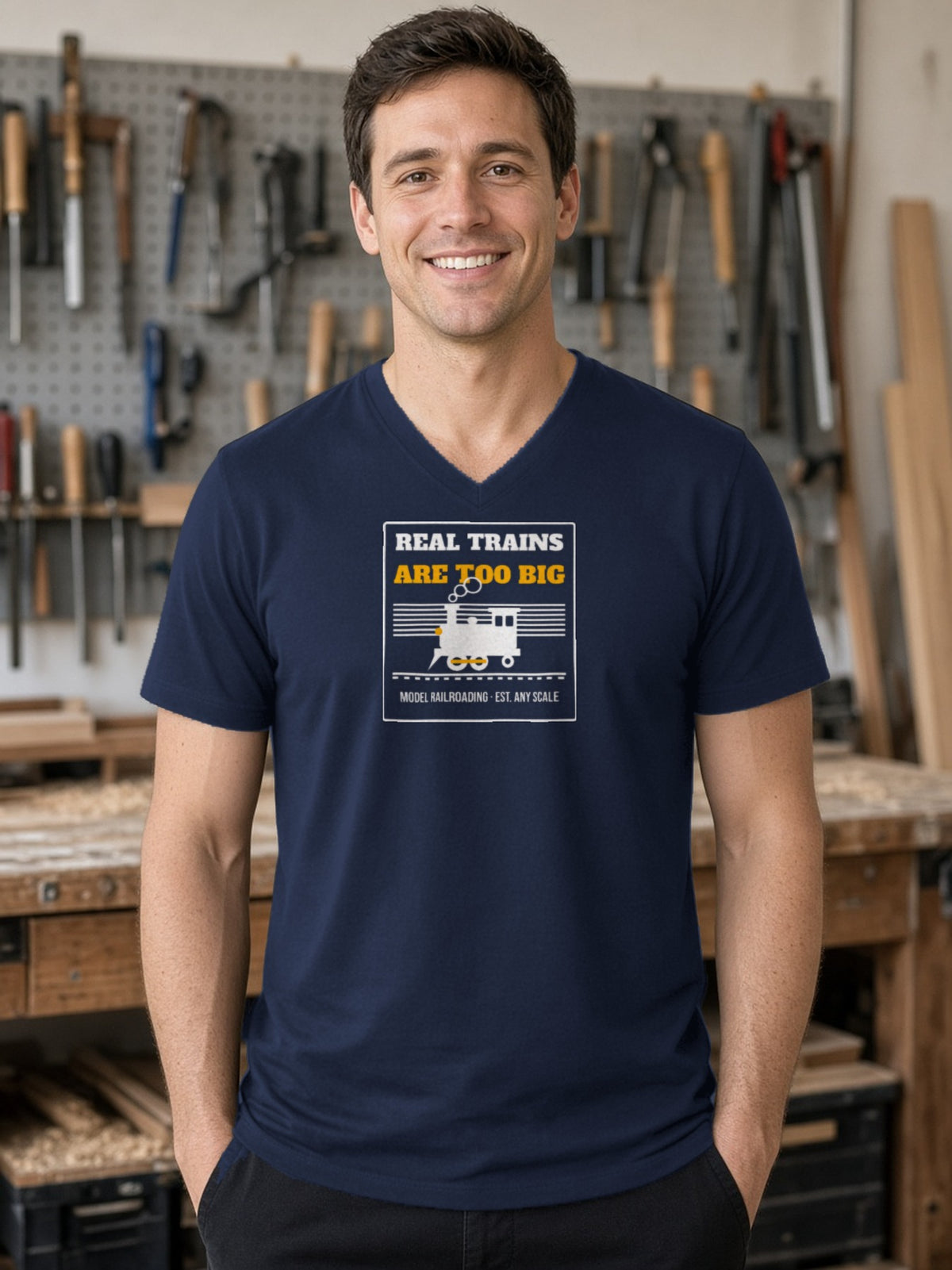 Real Trains Were Too Big V-Neck Tee - Navy