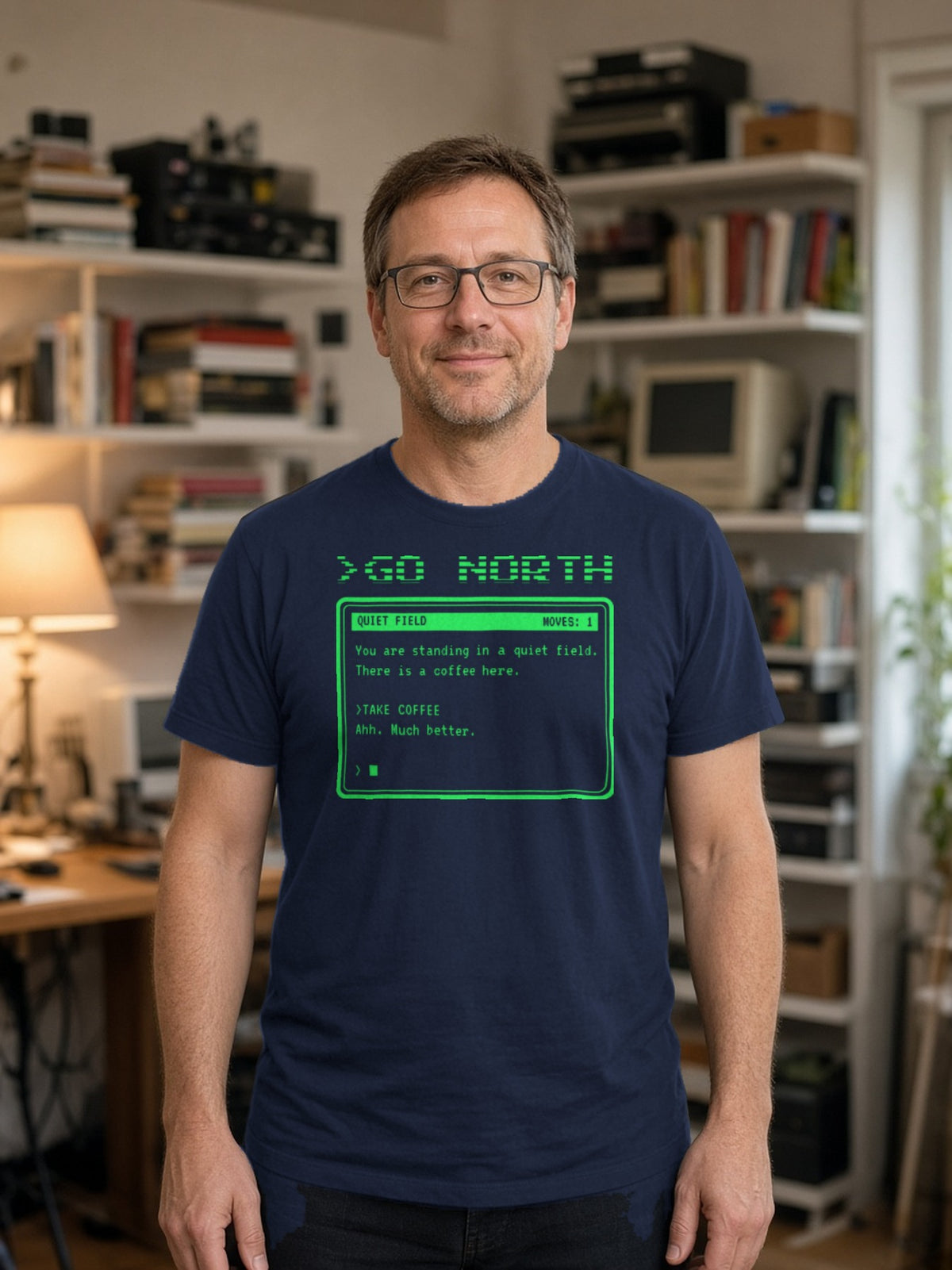 >GO NORTH Retro Text Adventure Tee - Navy