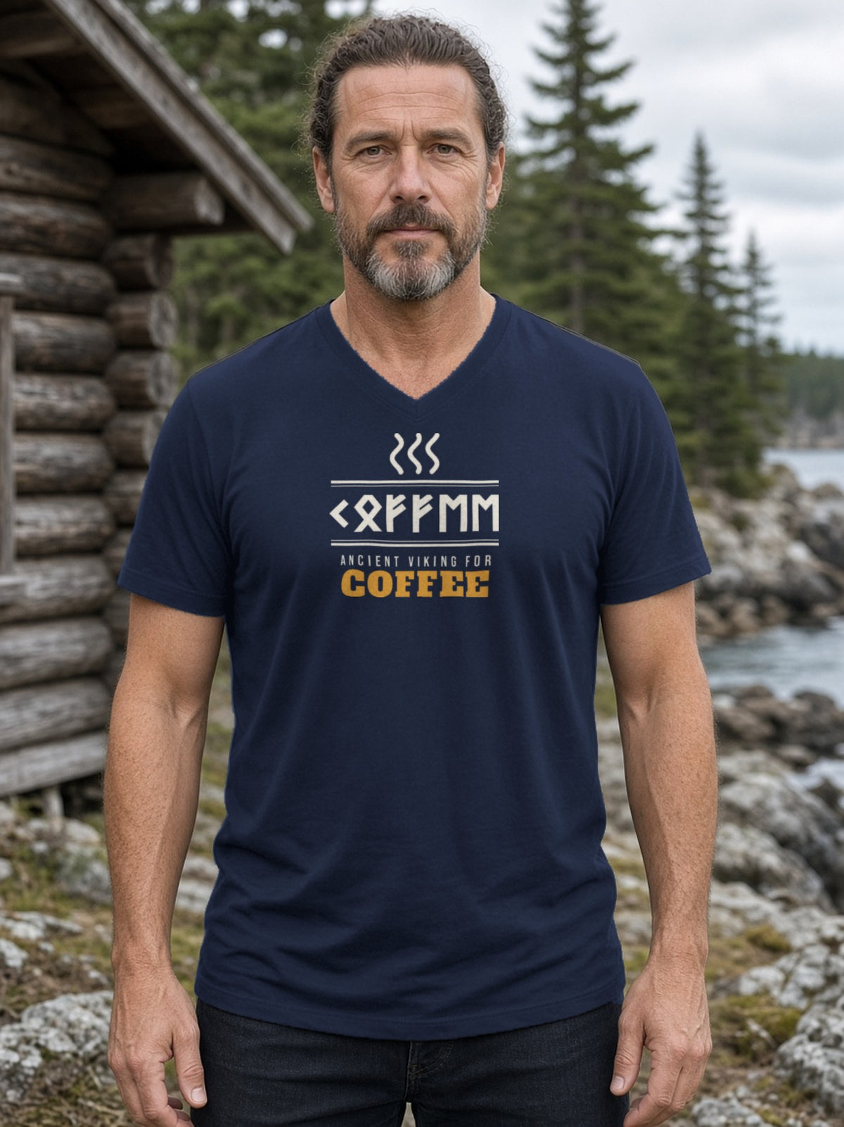 Ancient Viking for Coffee Rune V-Neck Tee - Navy