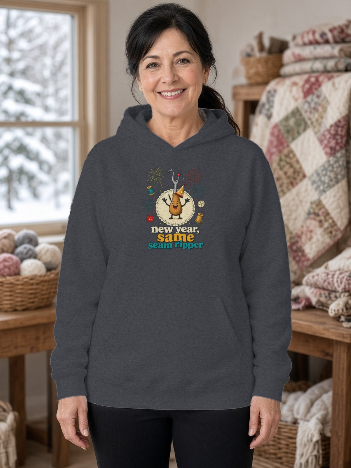 New Year Same Seam Ripper Hoodie, Funny Sewing New Years Hooded Sweatshirt, Quilter Humor Gift, Sewist Party Hoodie - Dark Heather