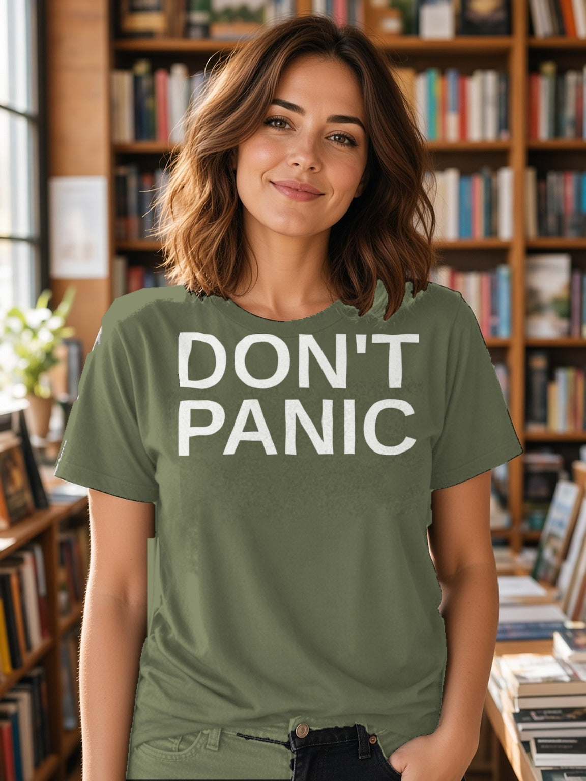 DON'T PANIC Big Text Tee (Polyester) – Military Green