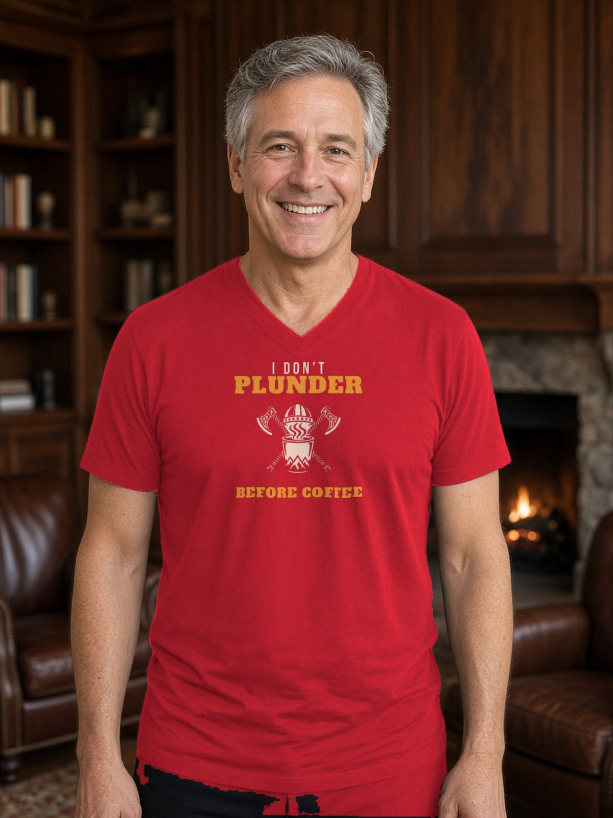 I Don't Plunder Before Coffee Viking V-Neck Tee - Red