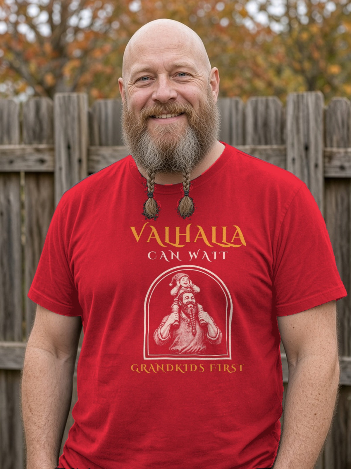 Valhalla Can Wait, Grandkids First Viking Tee - Red