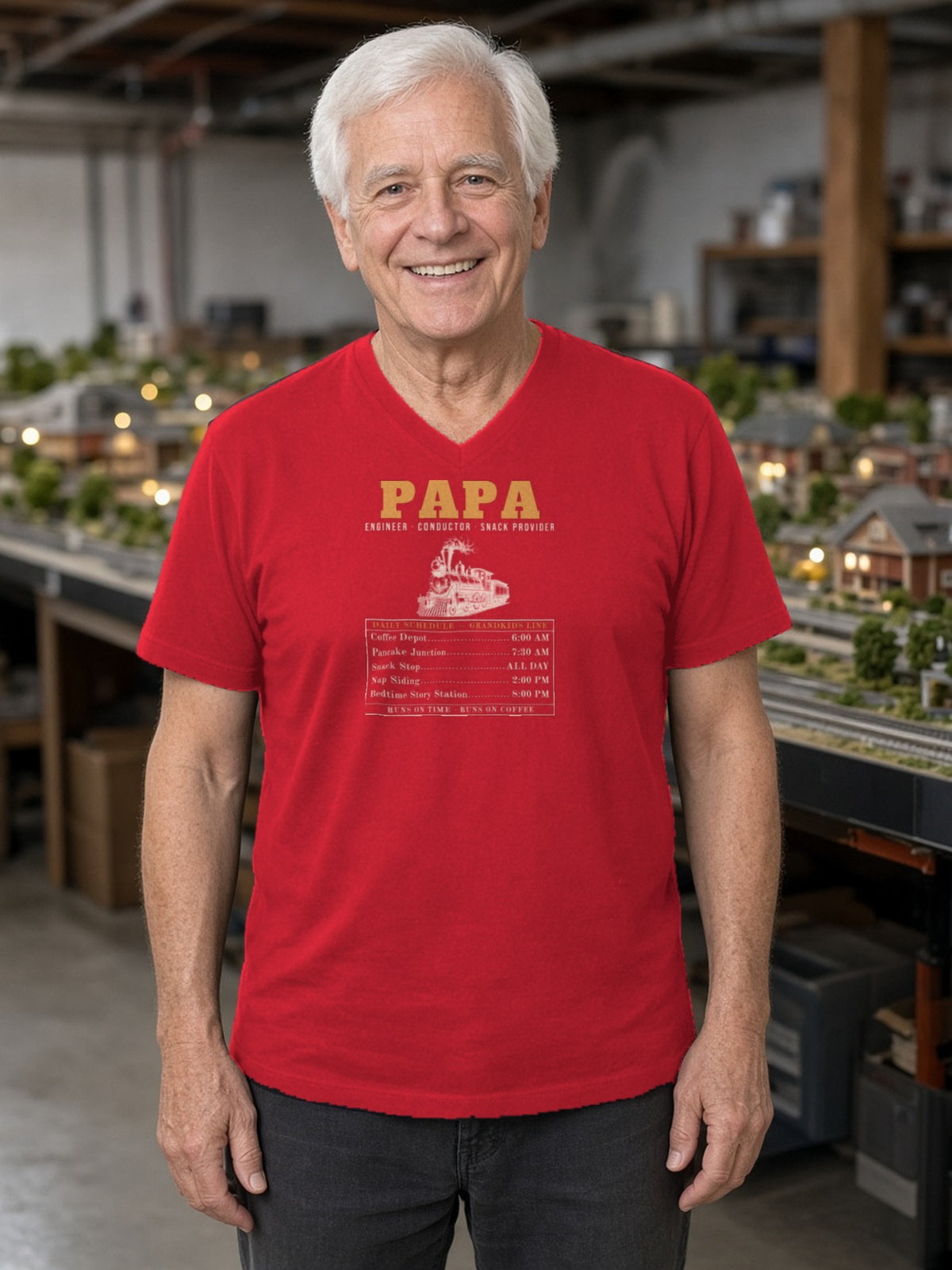 Papa: Engineer, Conductor, Snack Provider V-Neck Tee - Red