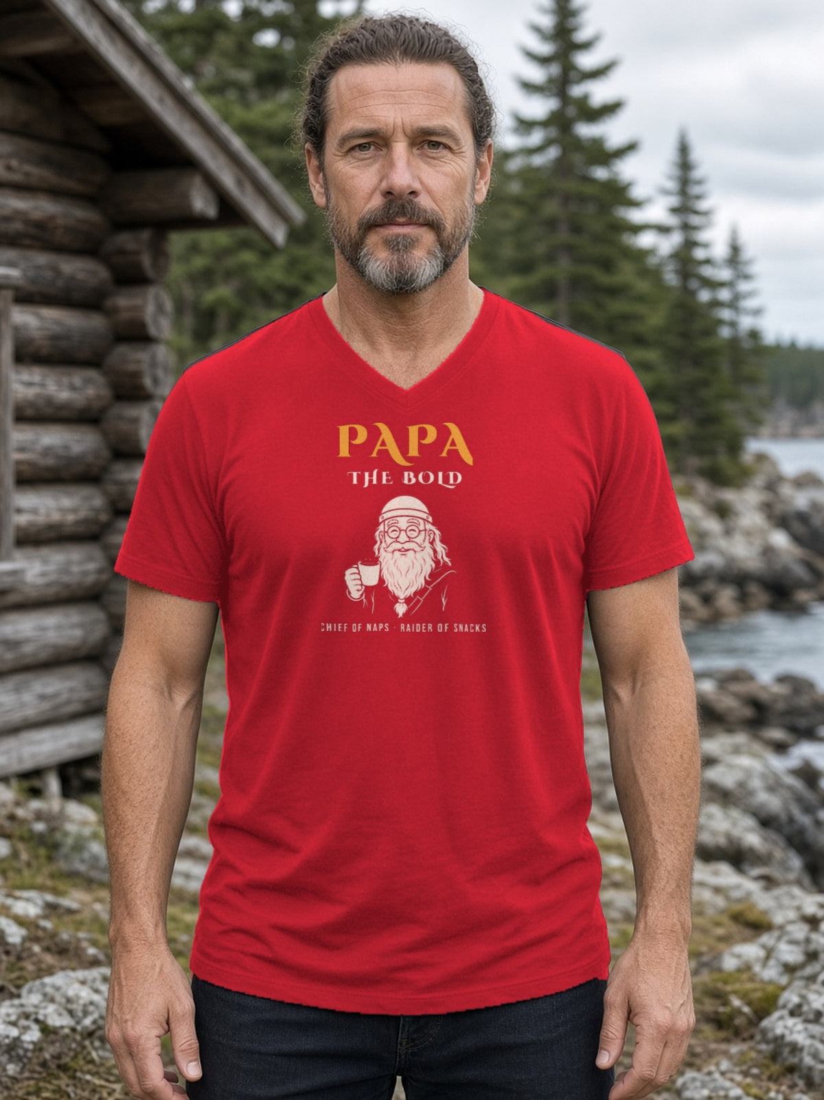 Papa the Bold Viking Grandpa V-Neck Tee - Red