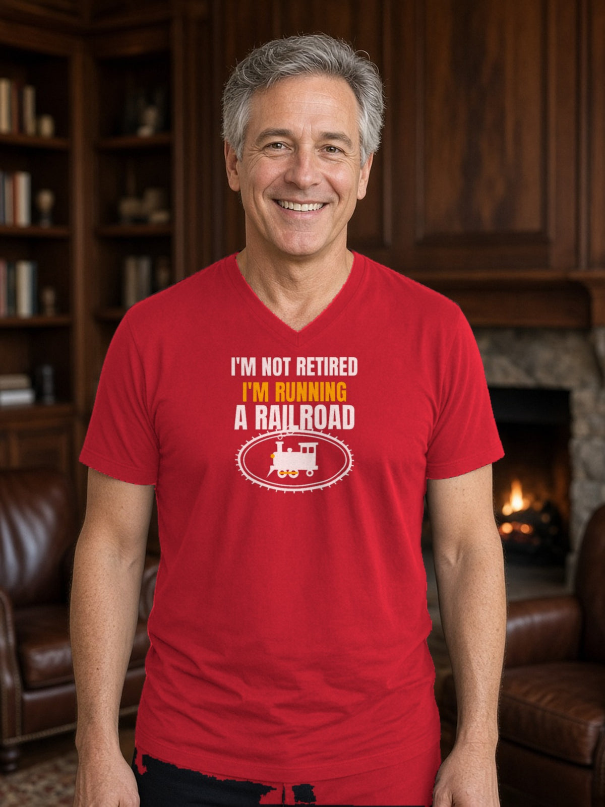 Not Retired, Just Model Railroading Full Time V-Neck Tee - Red