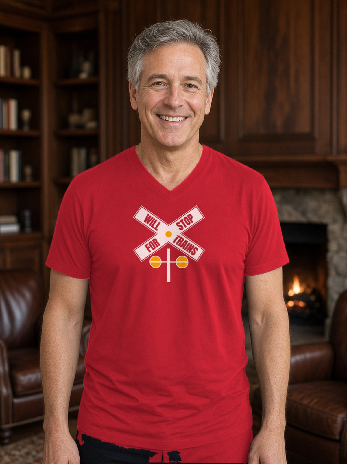 Will Stop For Trains V-Neck Tee - Red