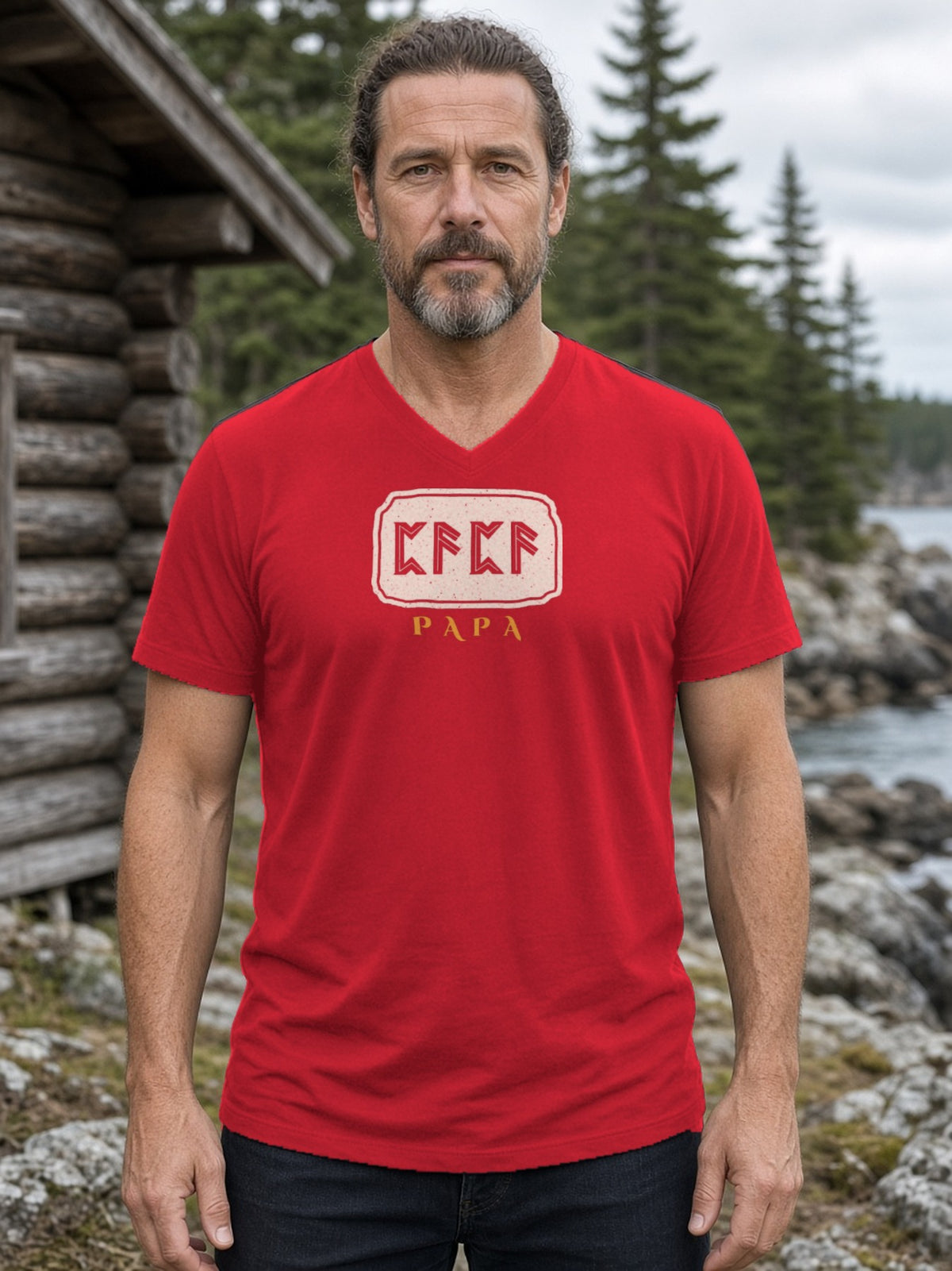 PAPA in Runes Carved Stone V-Neck Tee - Red