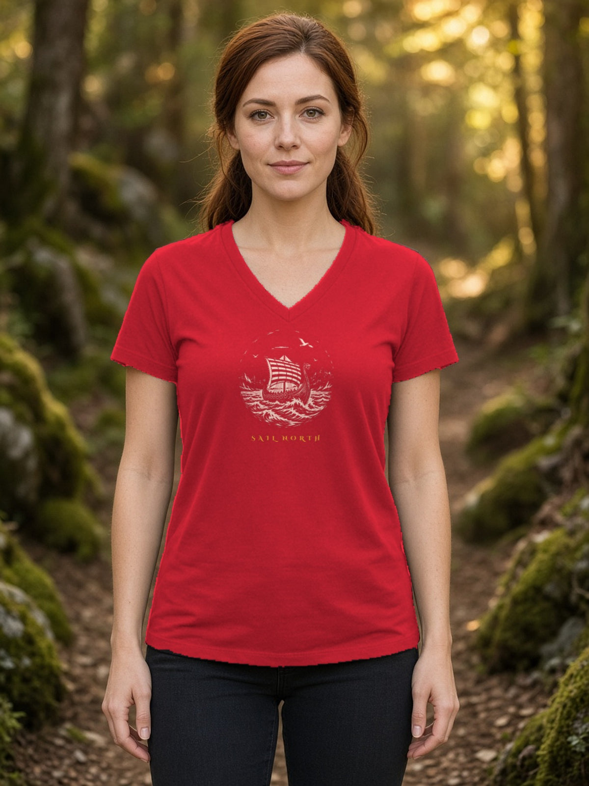Sail North Longship Woodcut V-Neck Tee - Red