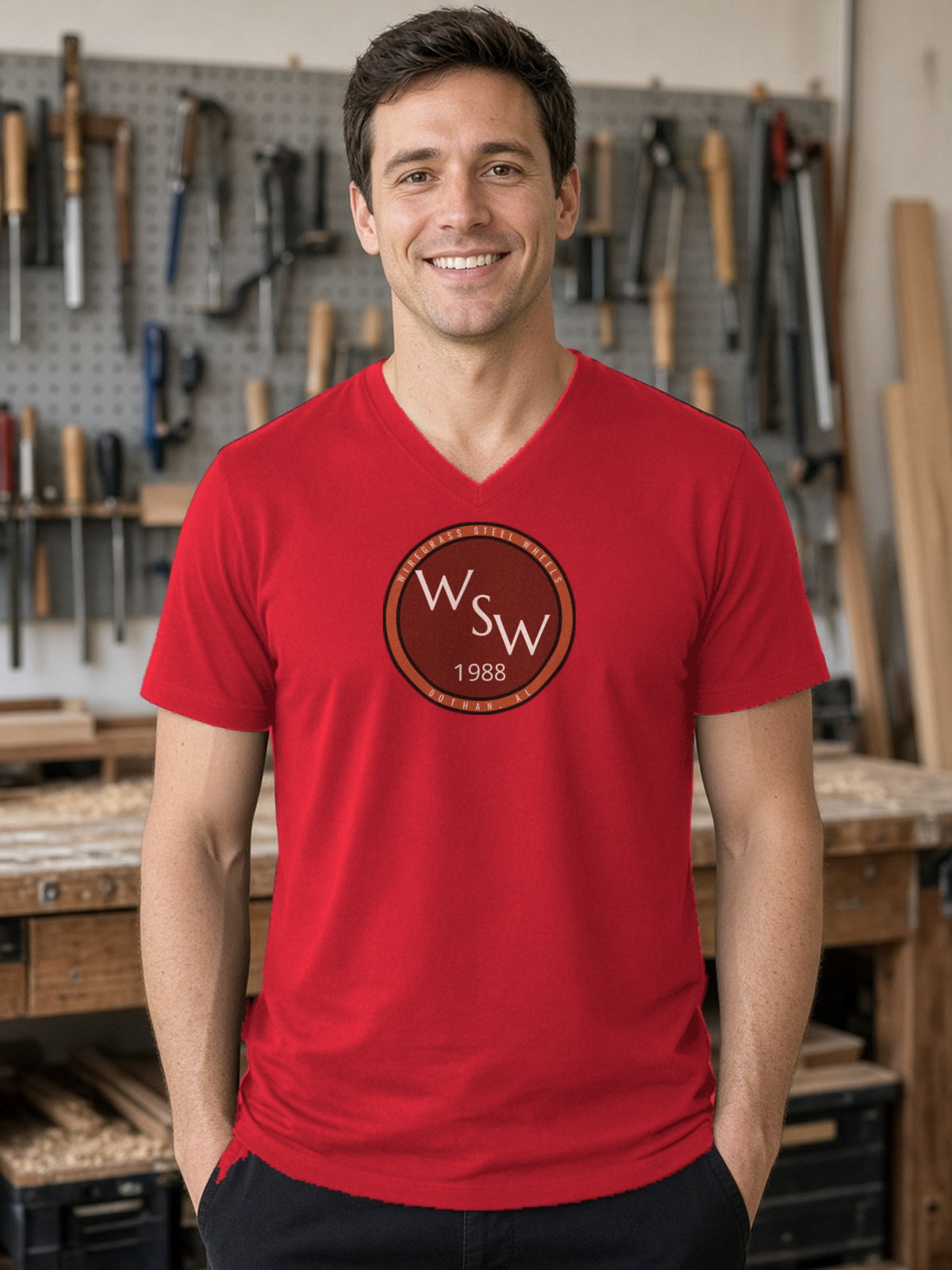 Wiregrass Steel Wheels V-Neck Tee - Red
