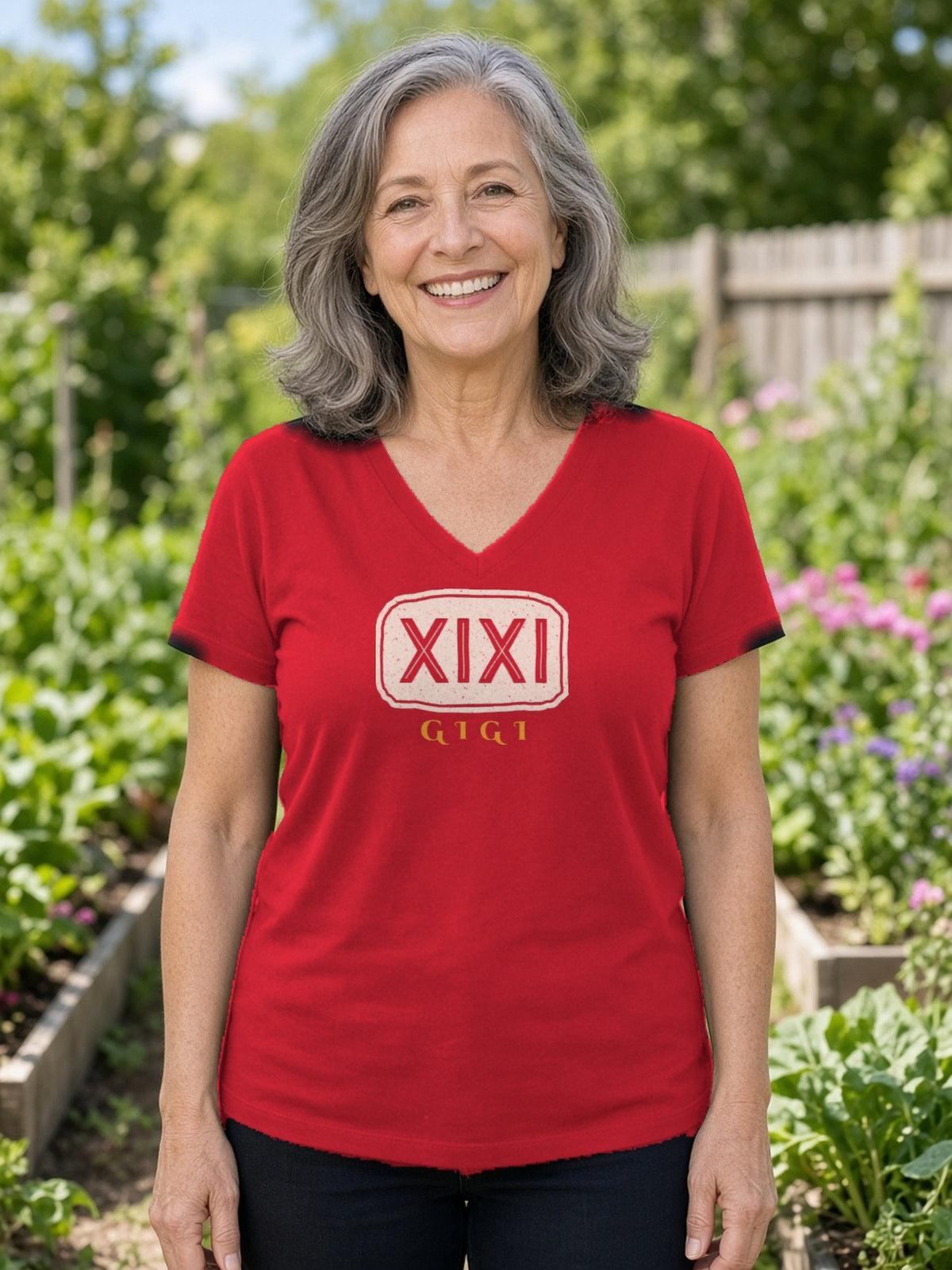 GIGI in Runes Carved Stone V-Neck Tee - Red