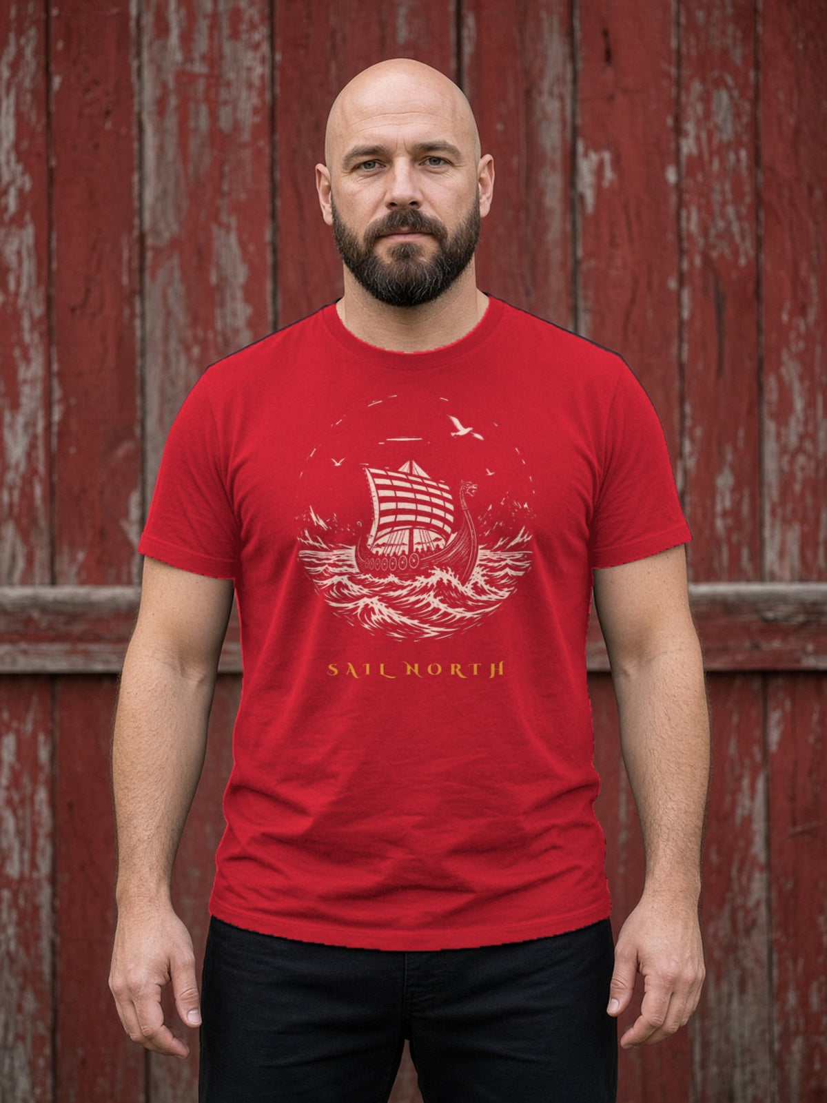 Sail North Longship Woodcut Tee - Red