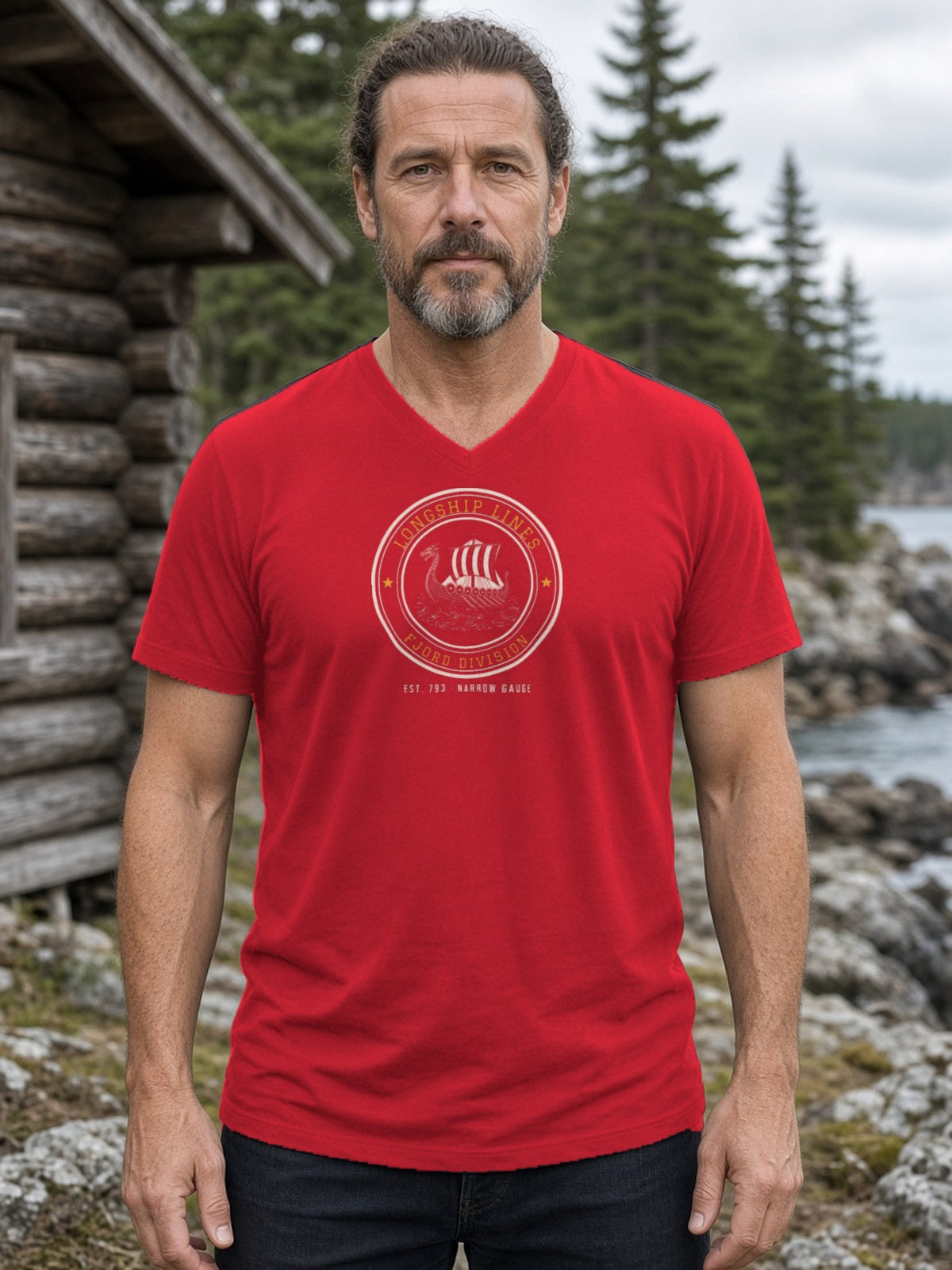 Longship Lines Railroad Herald V-Neck Tee - Red