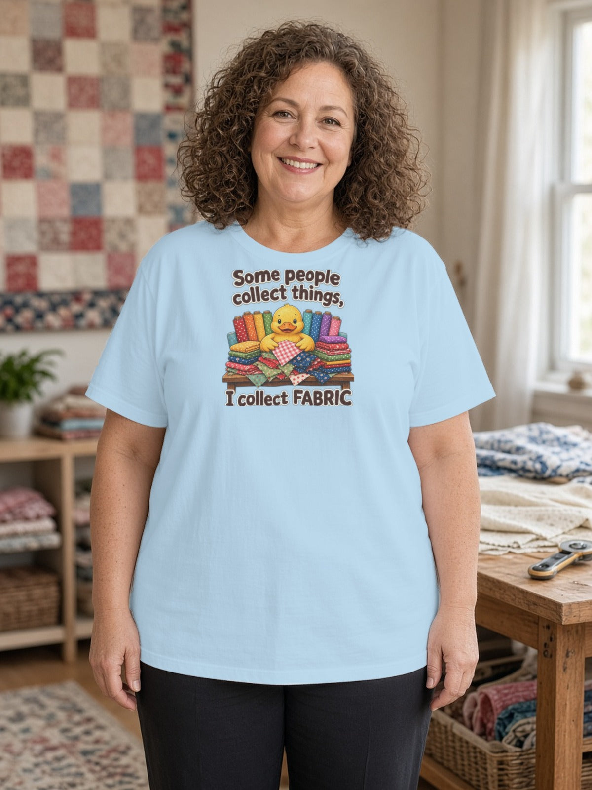 Some People Collect Things I Collect Fabric Plus Size Tee up to 5XL, Funny Quilting Shirt, Fabric Stash Quilter Gift, Cute Duck Sewing Tee - Light Blue