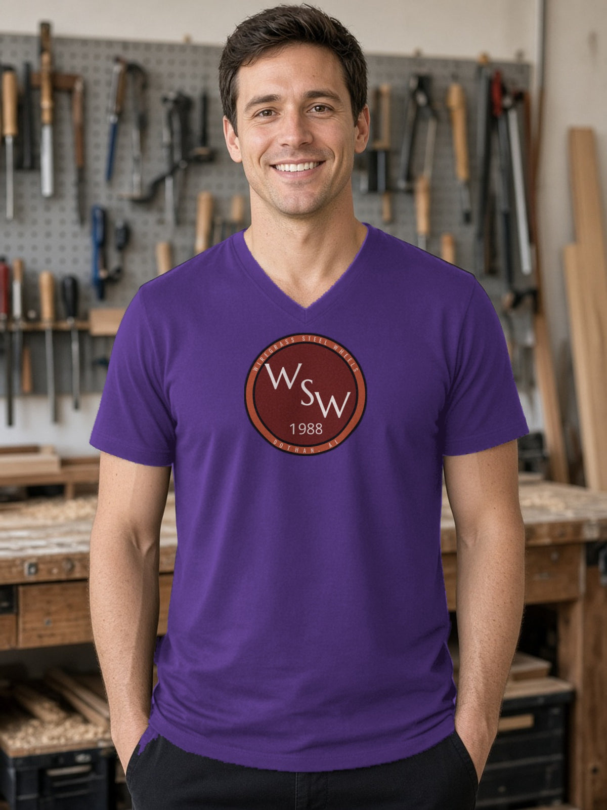 Wiregrass Steel Wheels V-Neck Tee - Team Purple