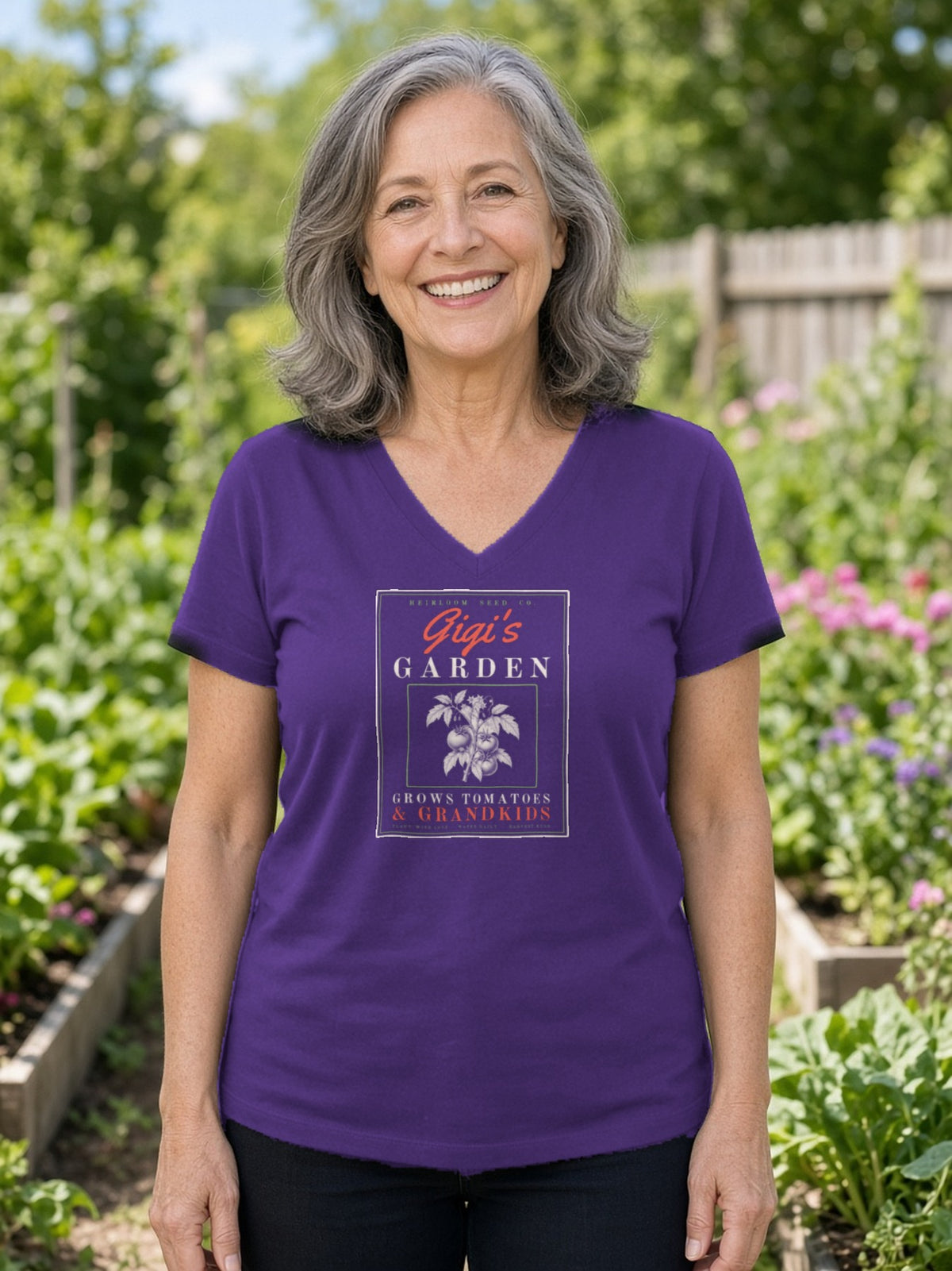 Gigi's Garden Seed Packet V-Neck Tee - Team Purple