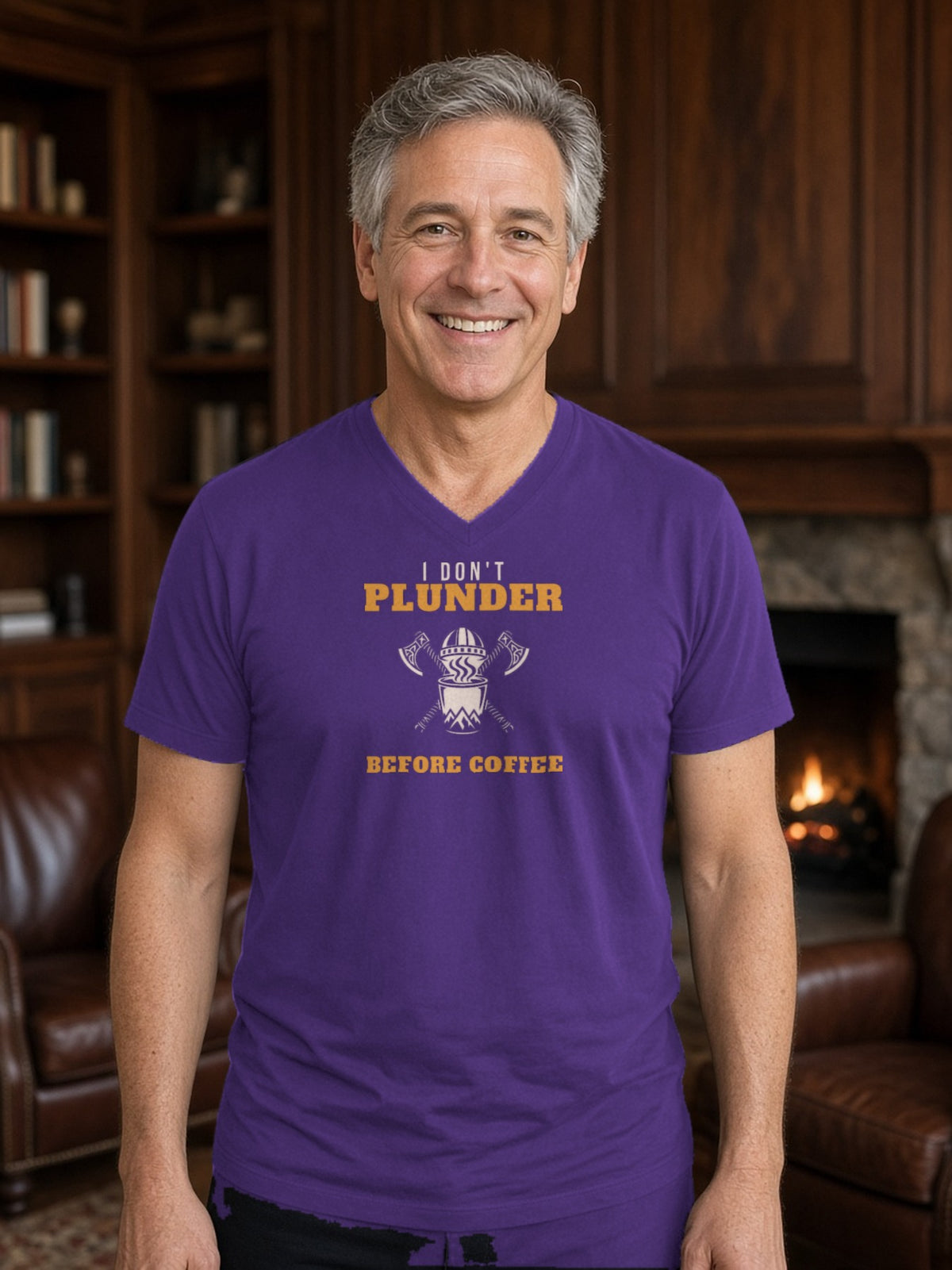 I Don't Plunder Before Coffee Viking V-Neck Tee - Team Purple