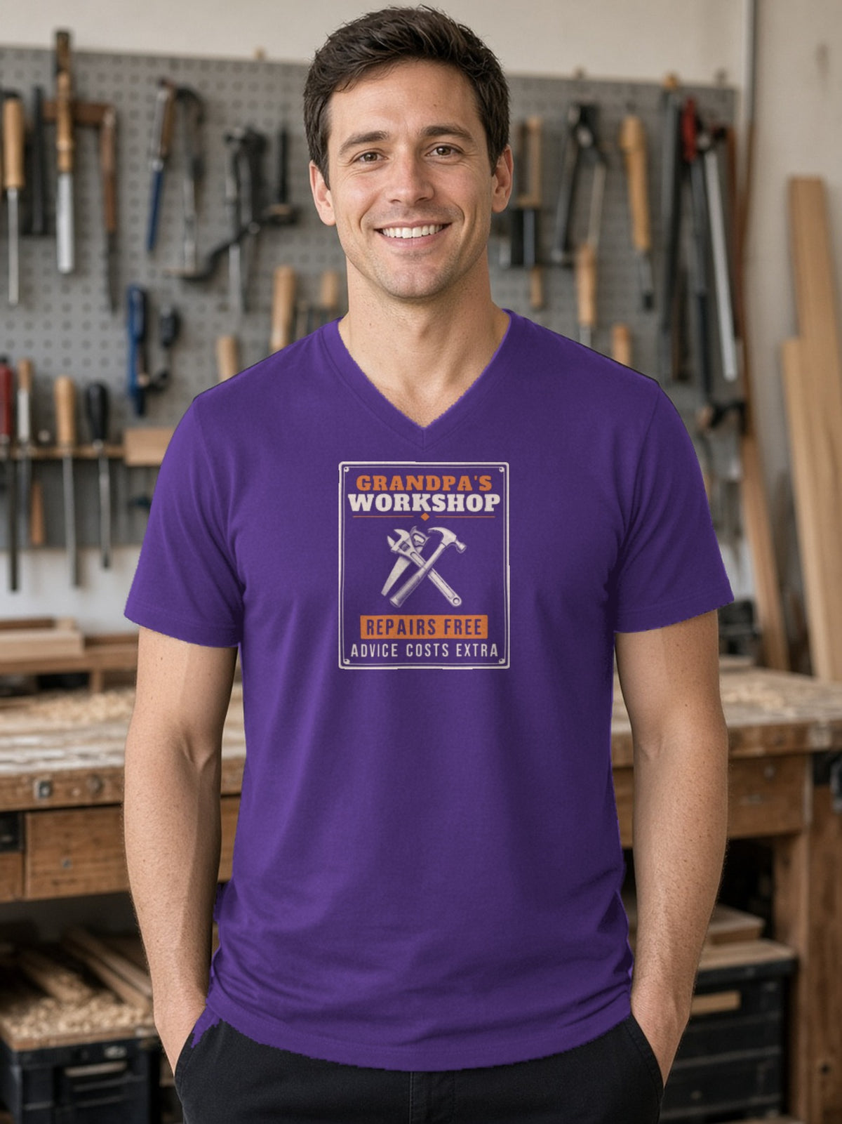 Grandpa's Workshop Tin Sign V-Neck Tee - Team Purple