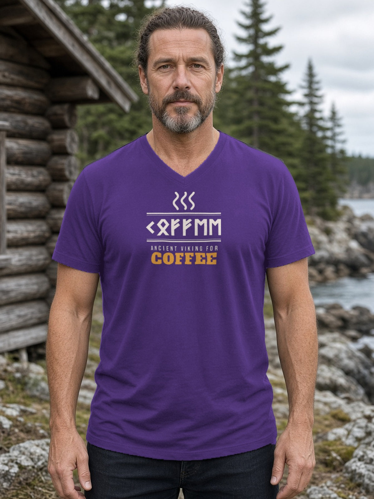 Ancient Viking for Coffee Rune V-Neck Tee - Team Purple