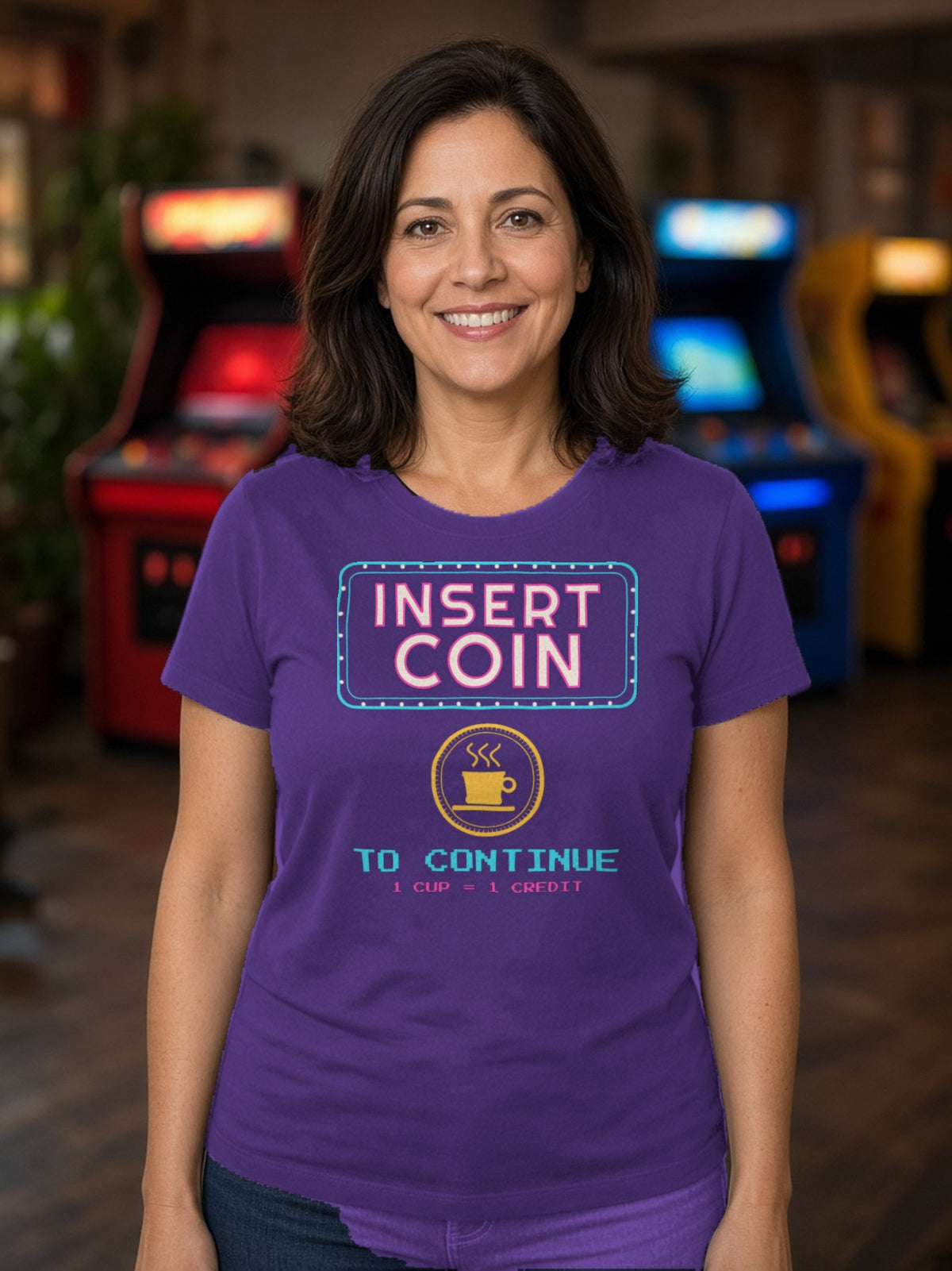 Insert Coin to Continue Coffee Tee - Team Purple