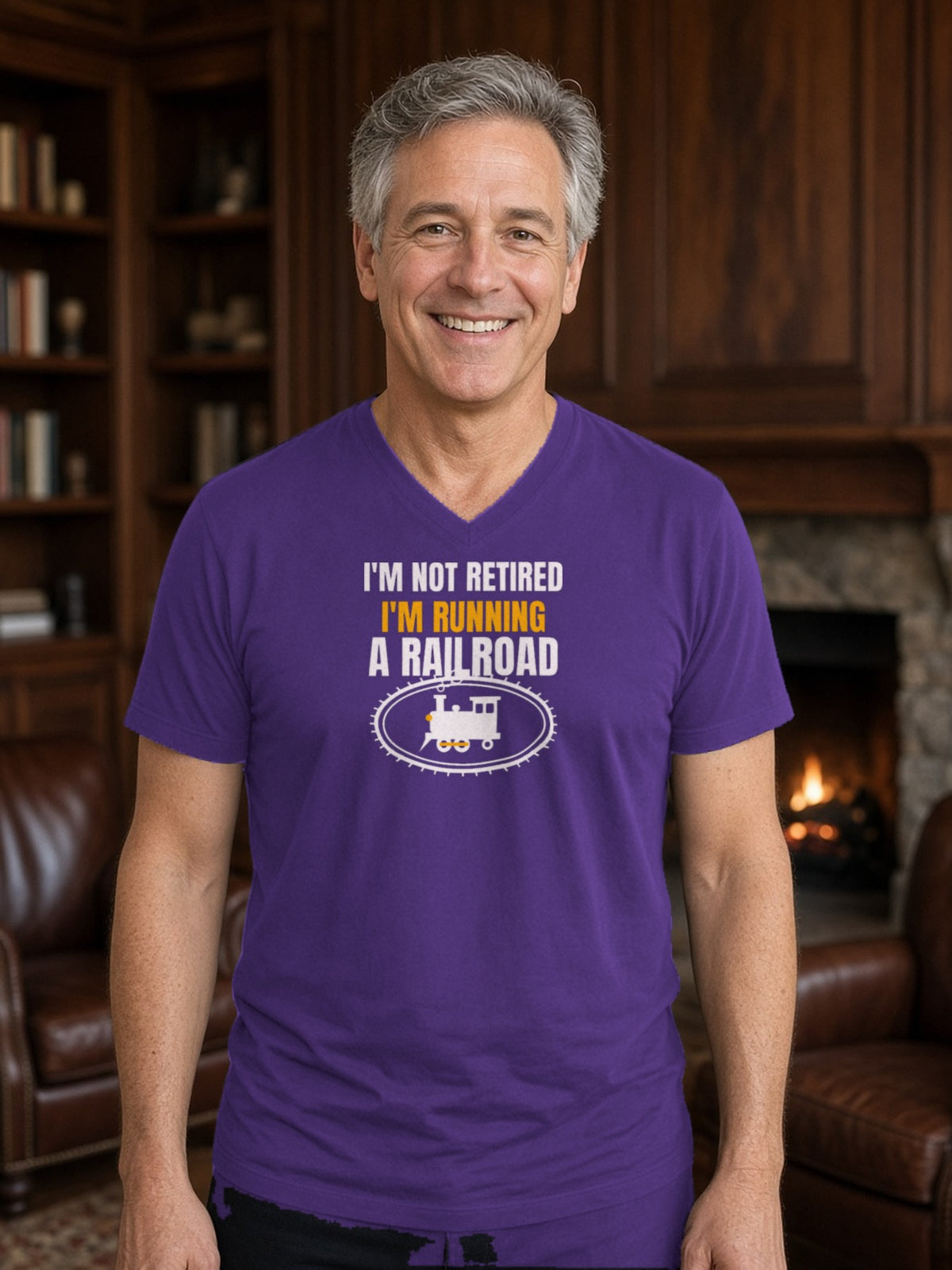 Not Retired, Just Model Railroading Full Time V-Neck Tee - Team Purple