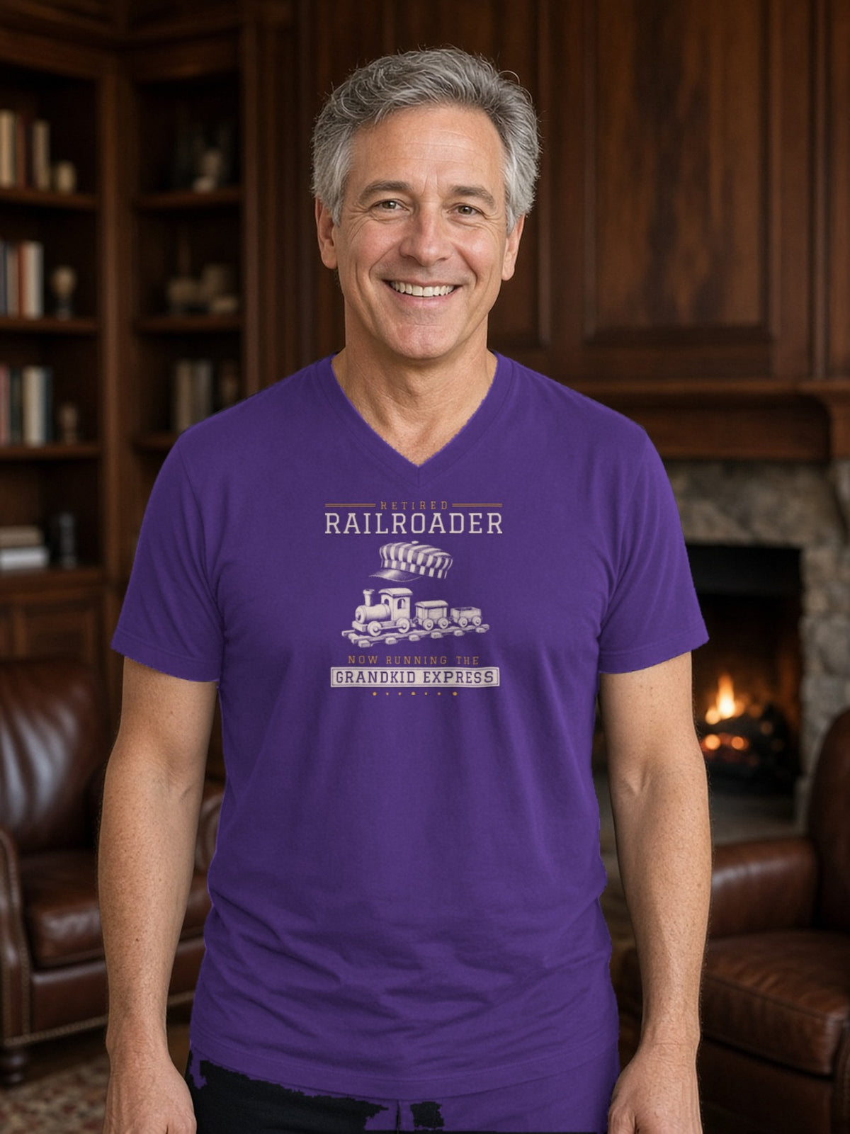 Retired Railroader Grandkid Express V-Neck Tee - Team Purple
